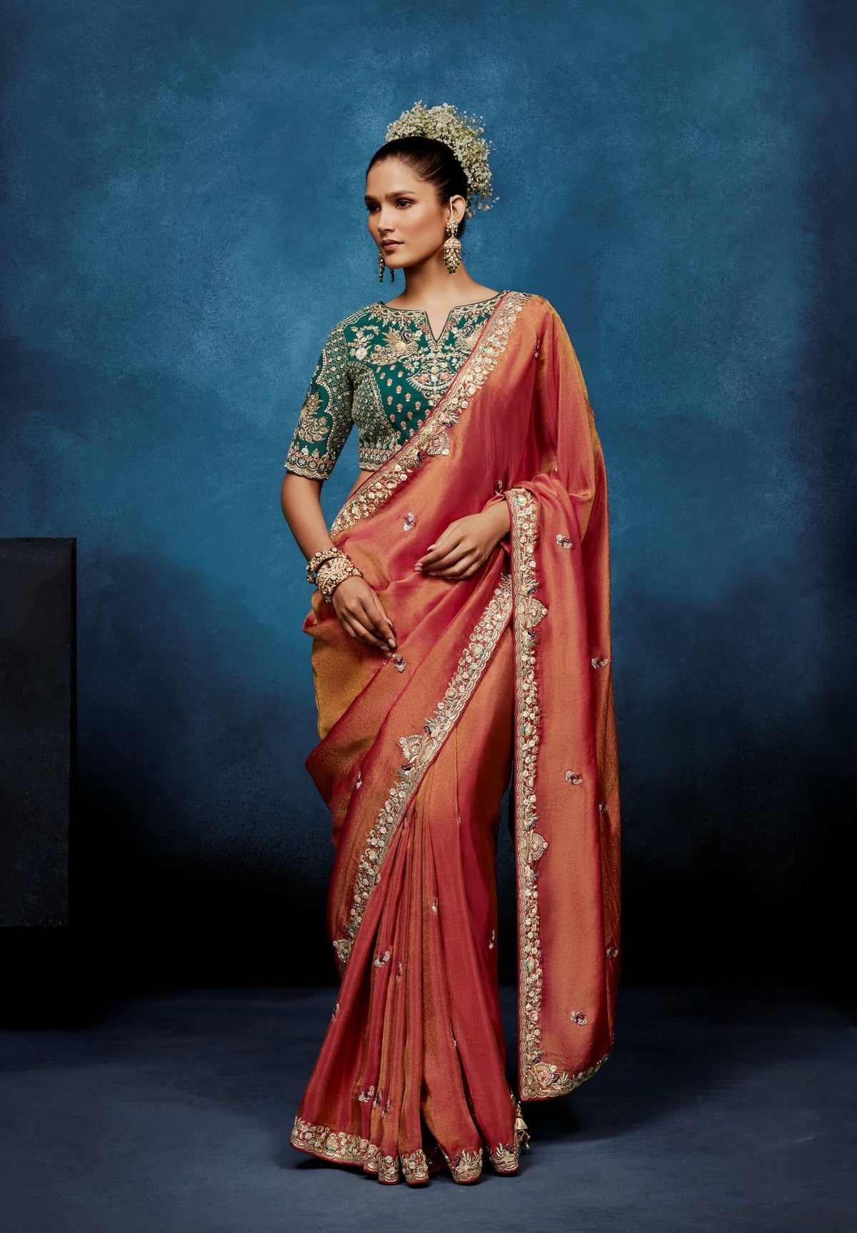 Coral Rust Embellished Tissue Silk Saree