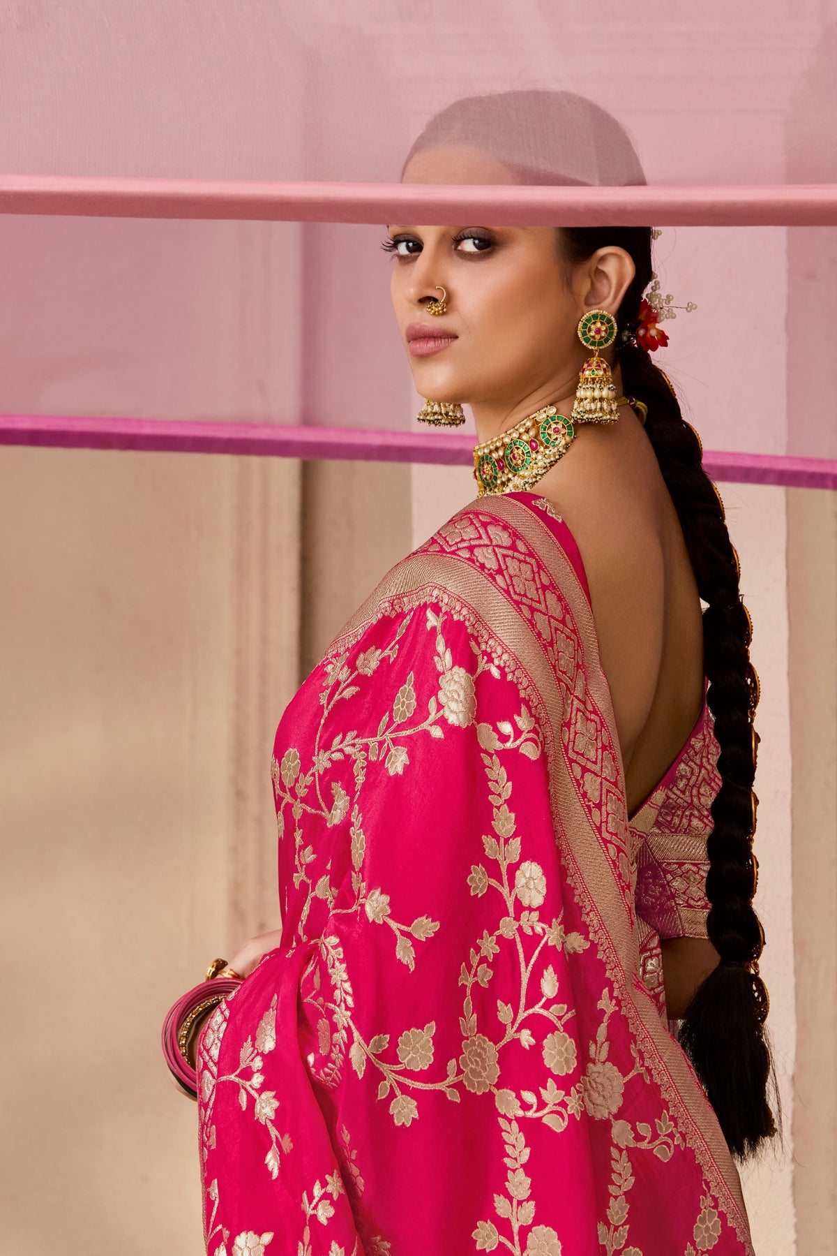 Rani Pink Woven Dola Silk Saree