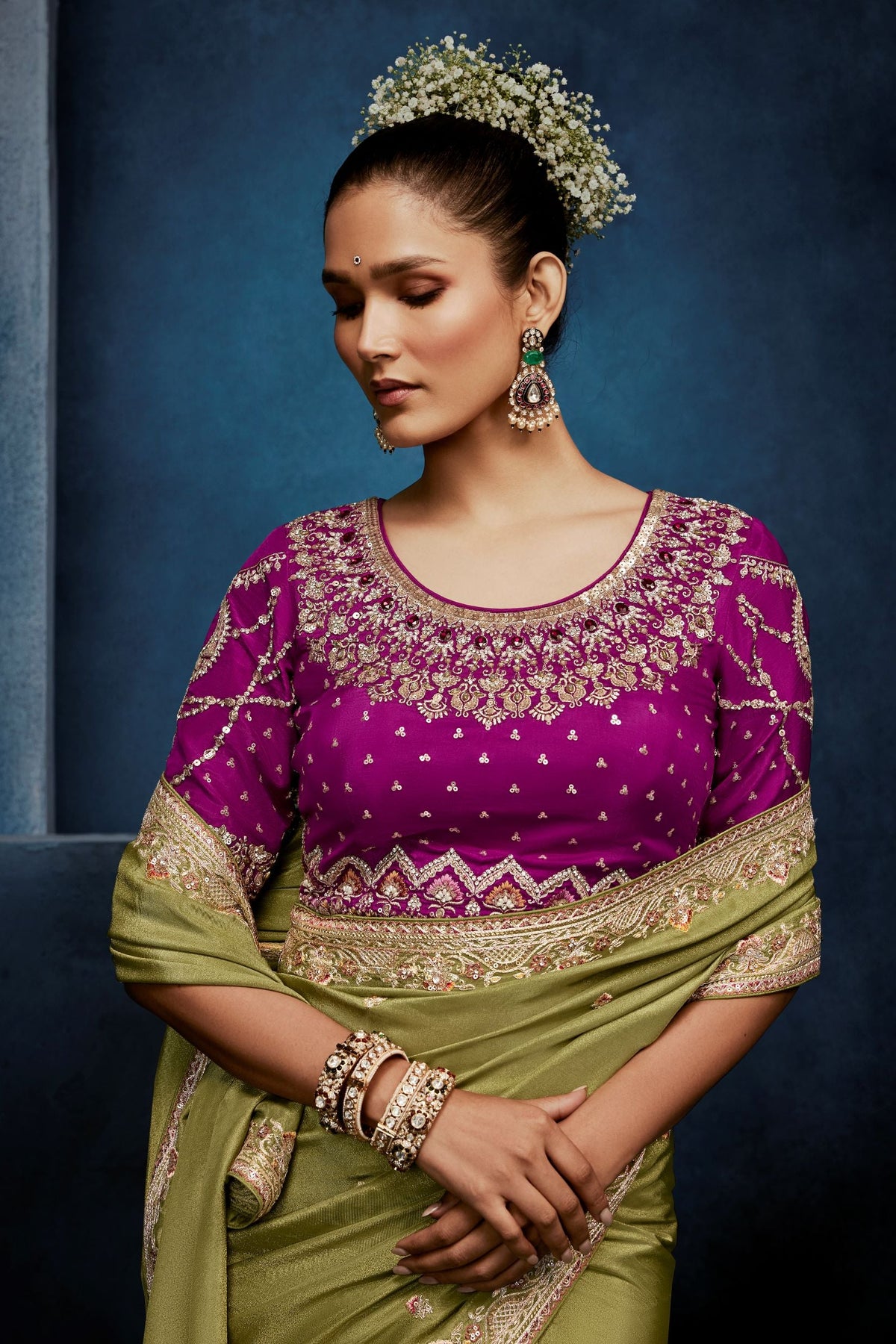 Olive Green Embellished Tissue Silk Saree