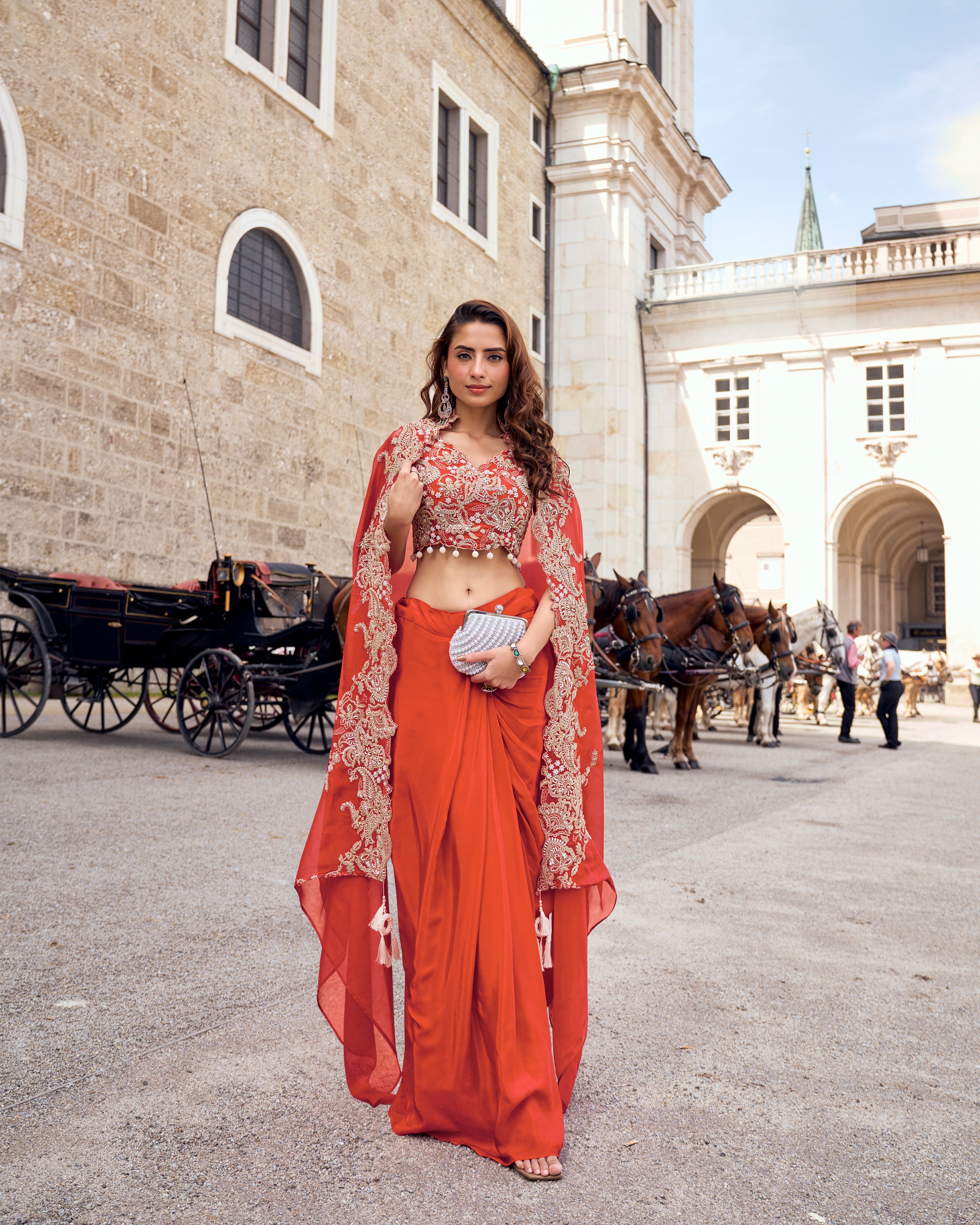 Spice Orange Embellished Crepe Silk Cape Set