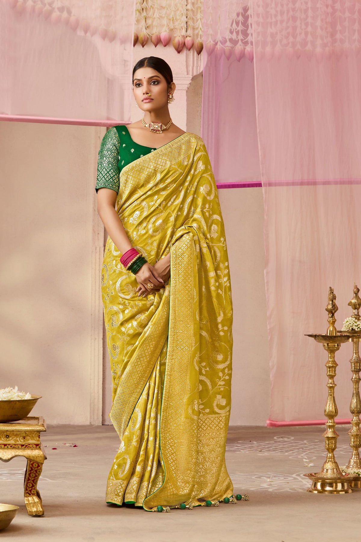Mustard Yellow Woven Dola Silk Saree