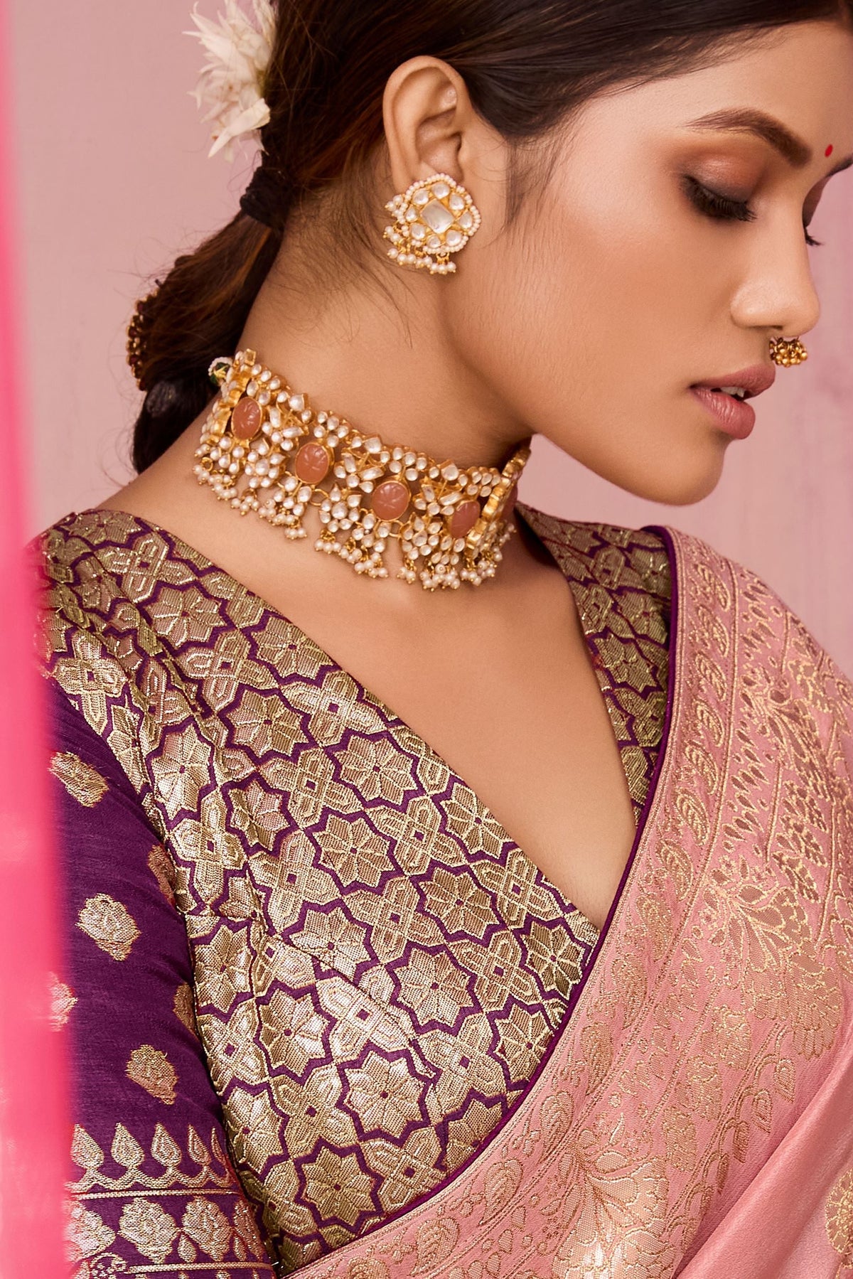 Blush Pink Woven Dola Silk Saree