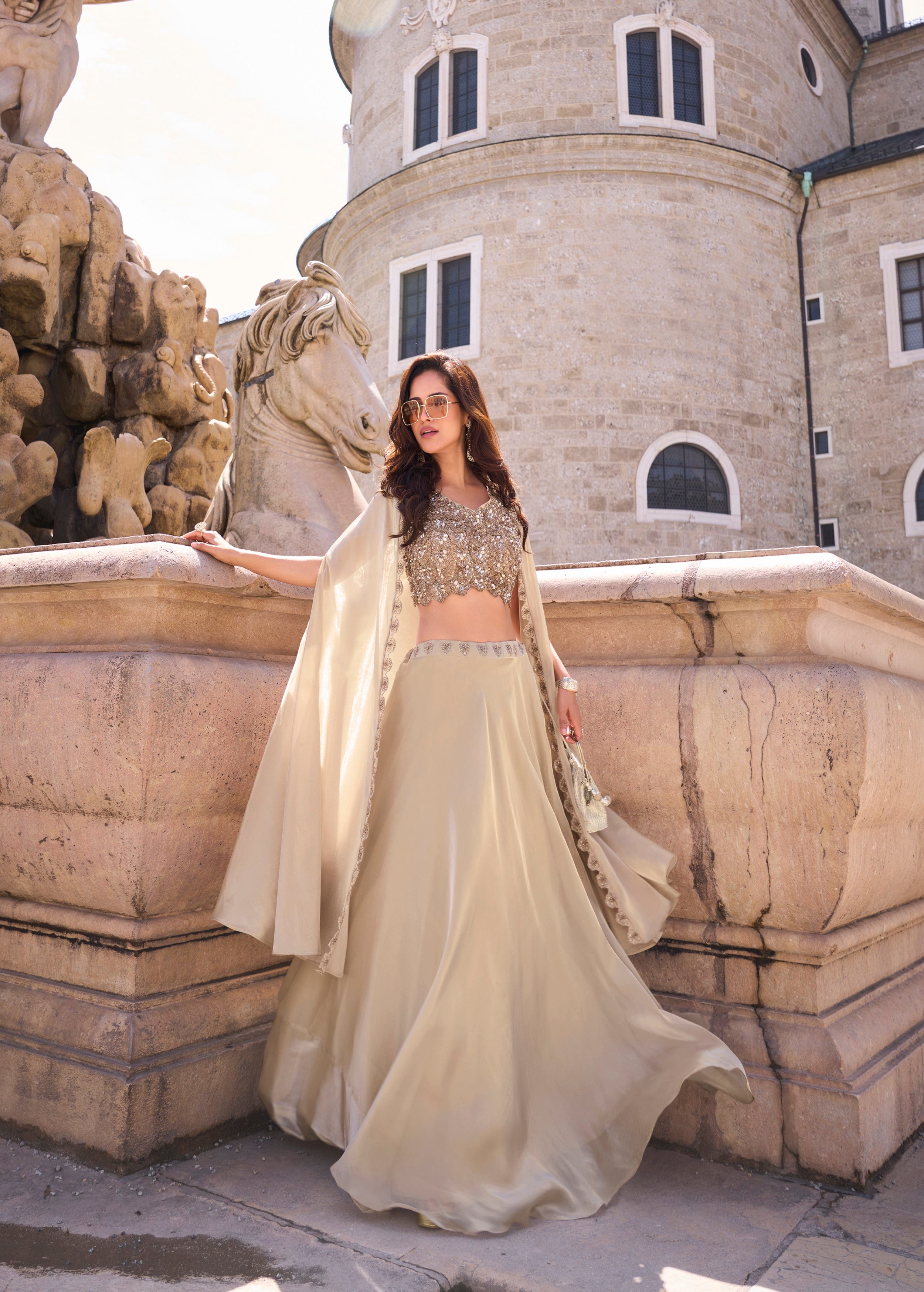 Tan Beige Embellished Jimmy Choo Silk Skirt Set