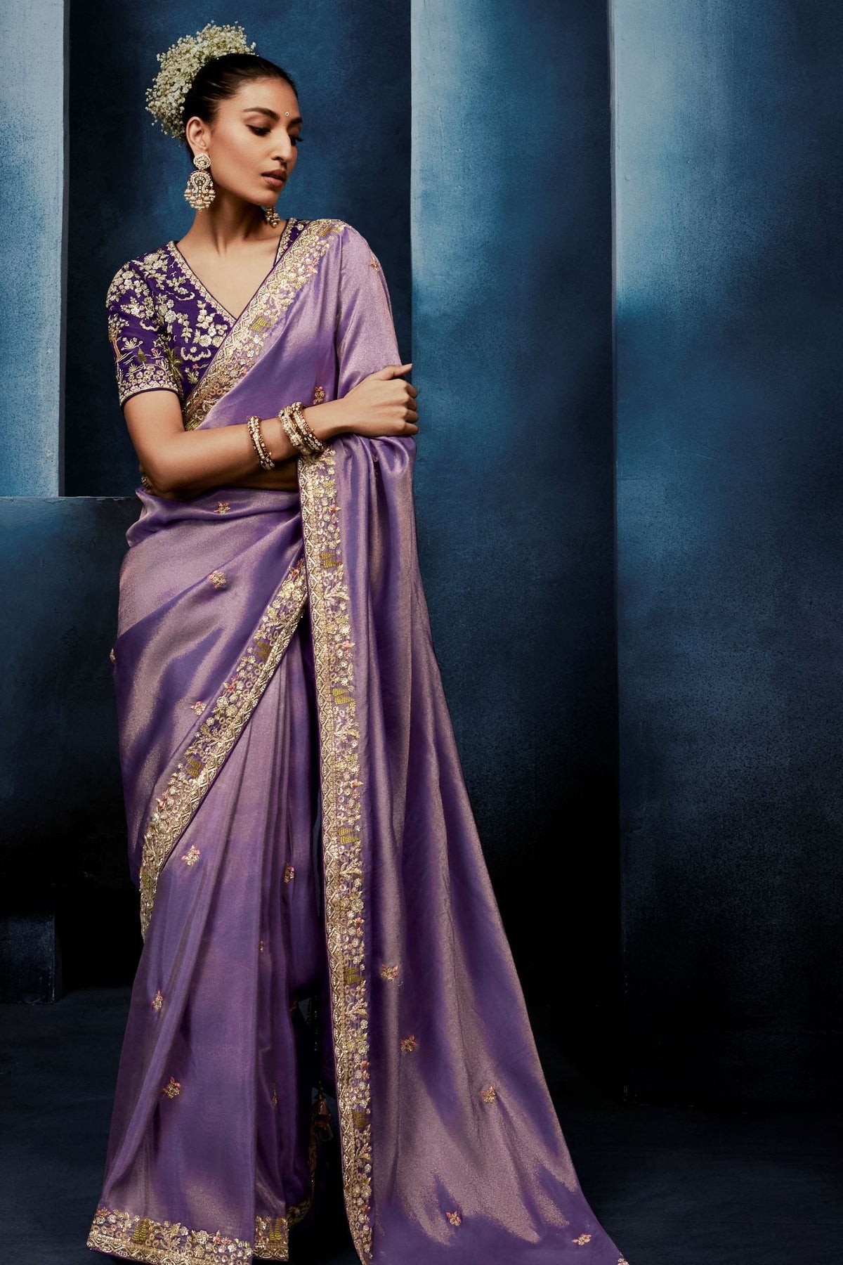 Wisteria Purple  Embellished Tissue Silk Saree