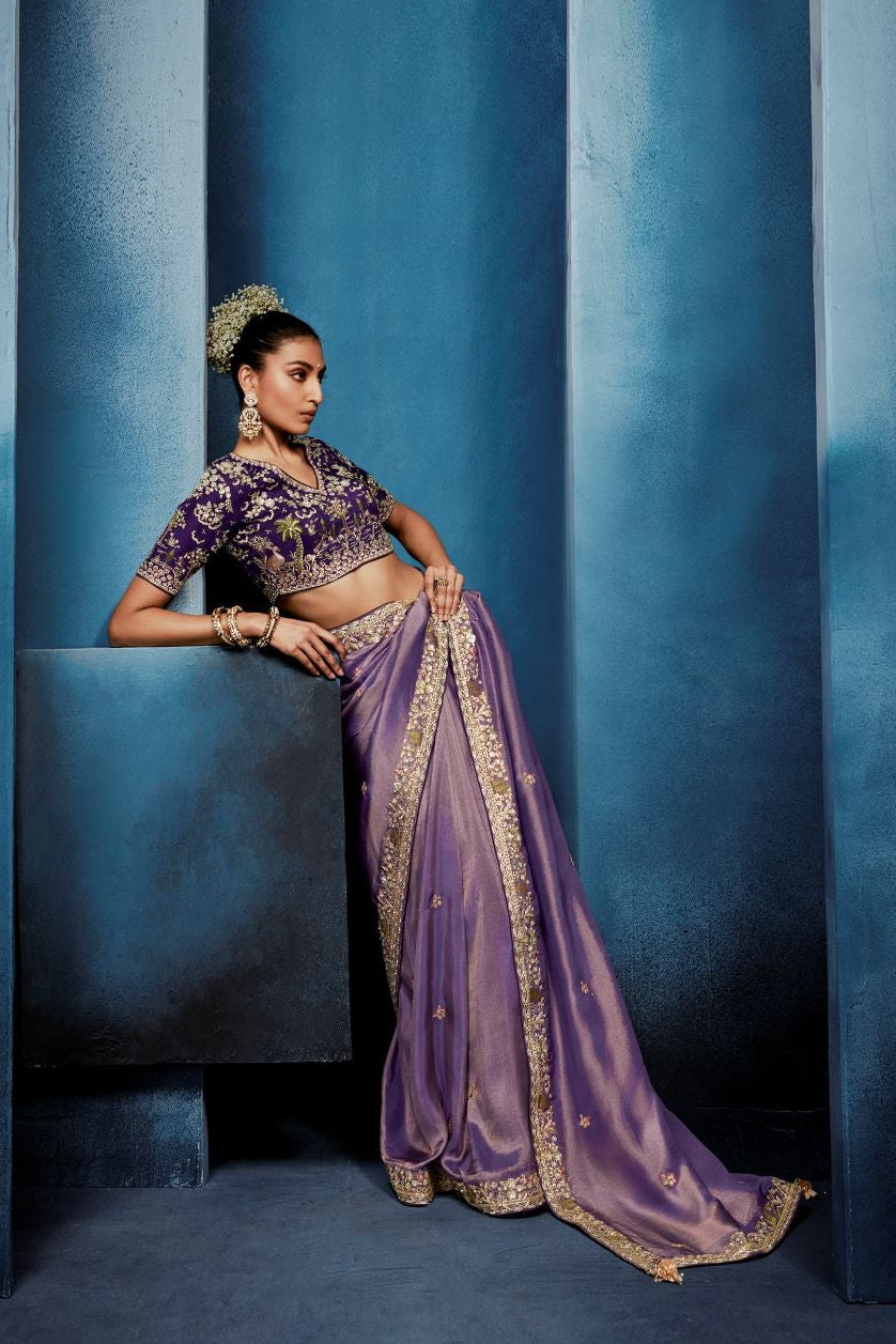 Wisteria Purple  Embellished Tissue Silk Saree