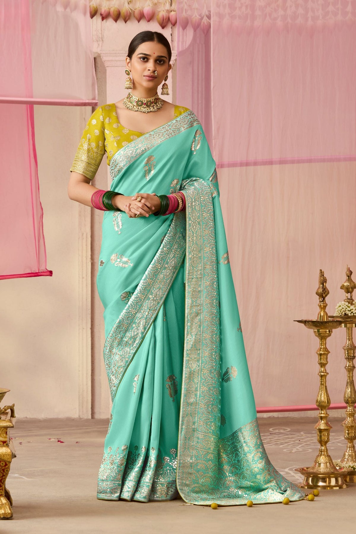 Sea Green Woven Dola Silk Saree