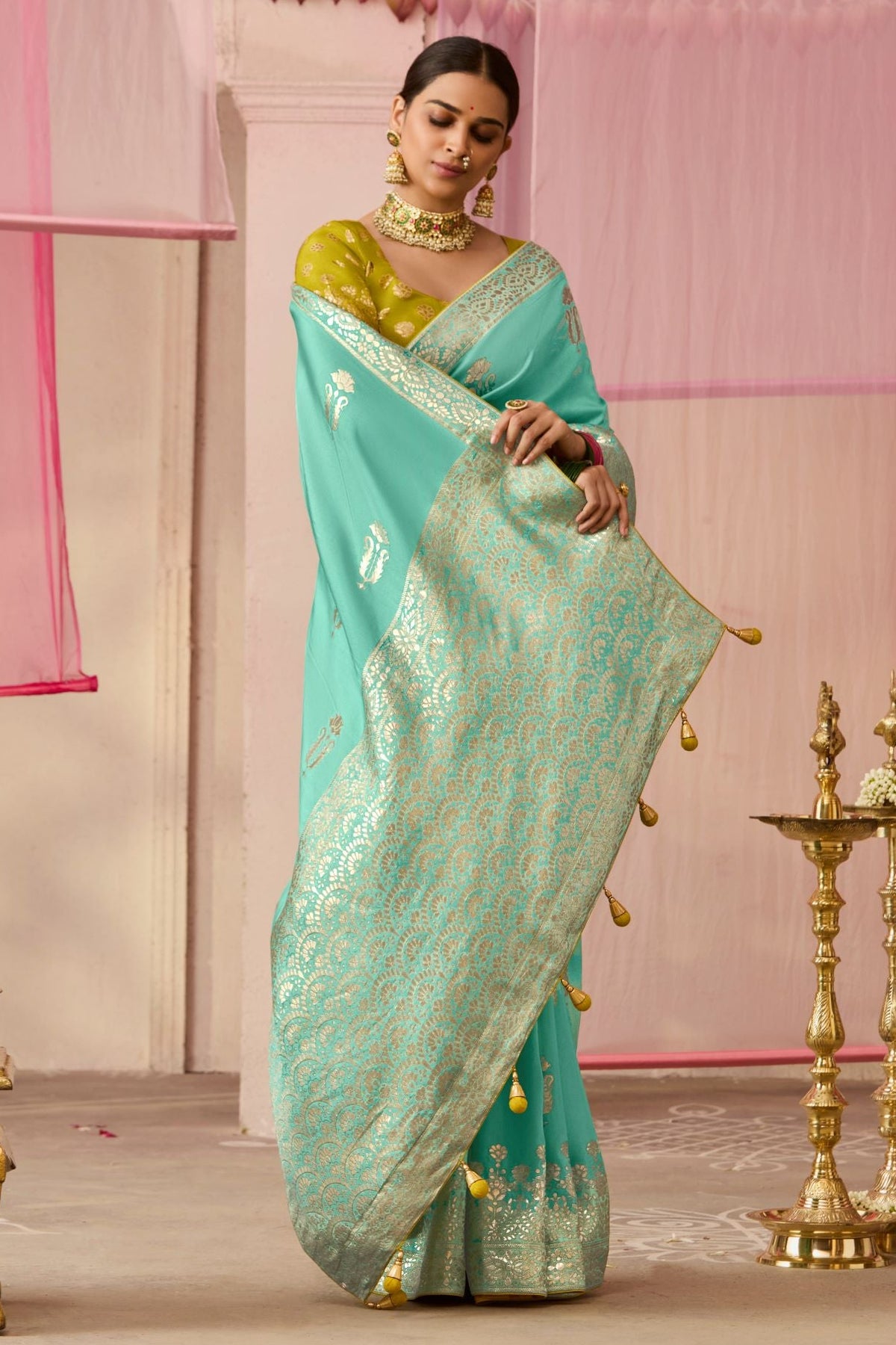 Sea Green Woven Dola Silk Saree