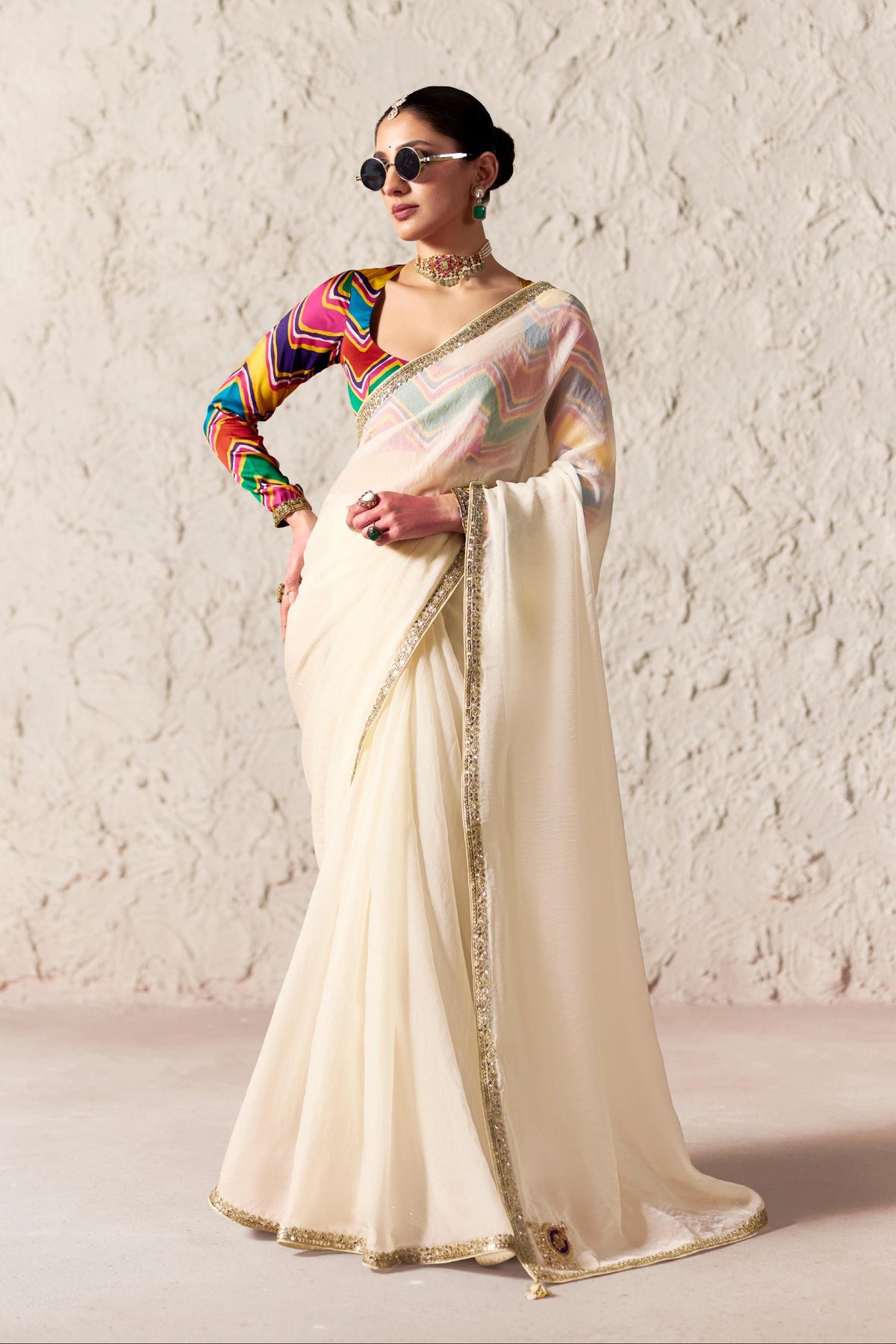 Ivory Pearl Embellished Organza Silk Saree