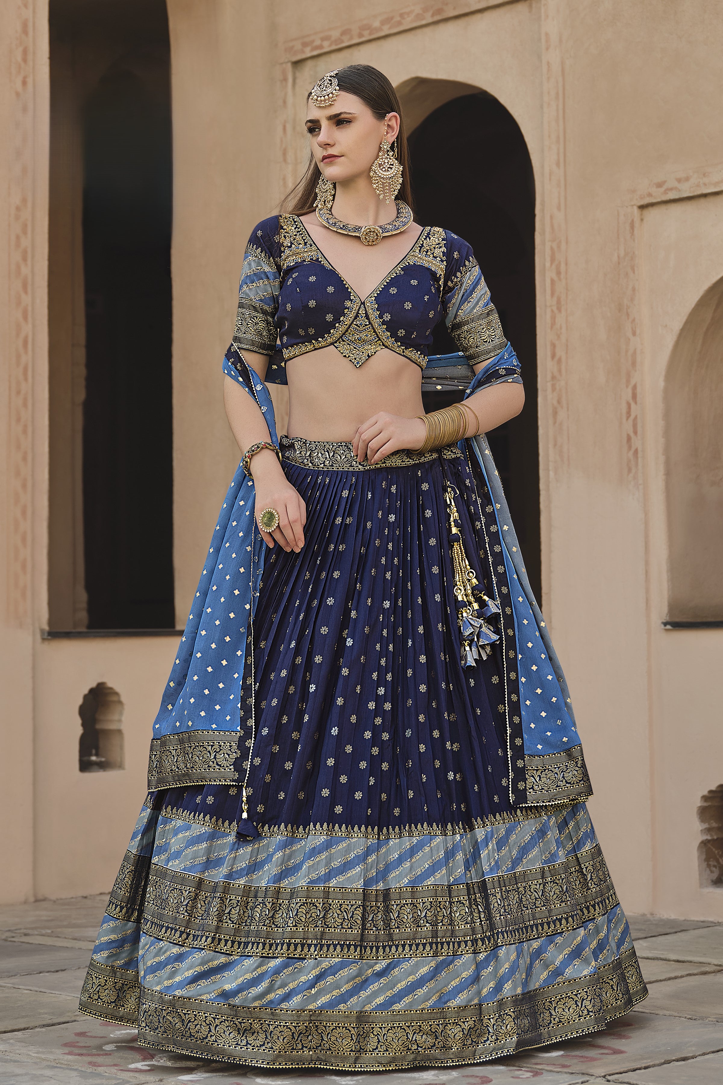 Indigo Blue Ethnic Printed Premium Silk Lehenga Set