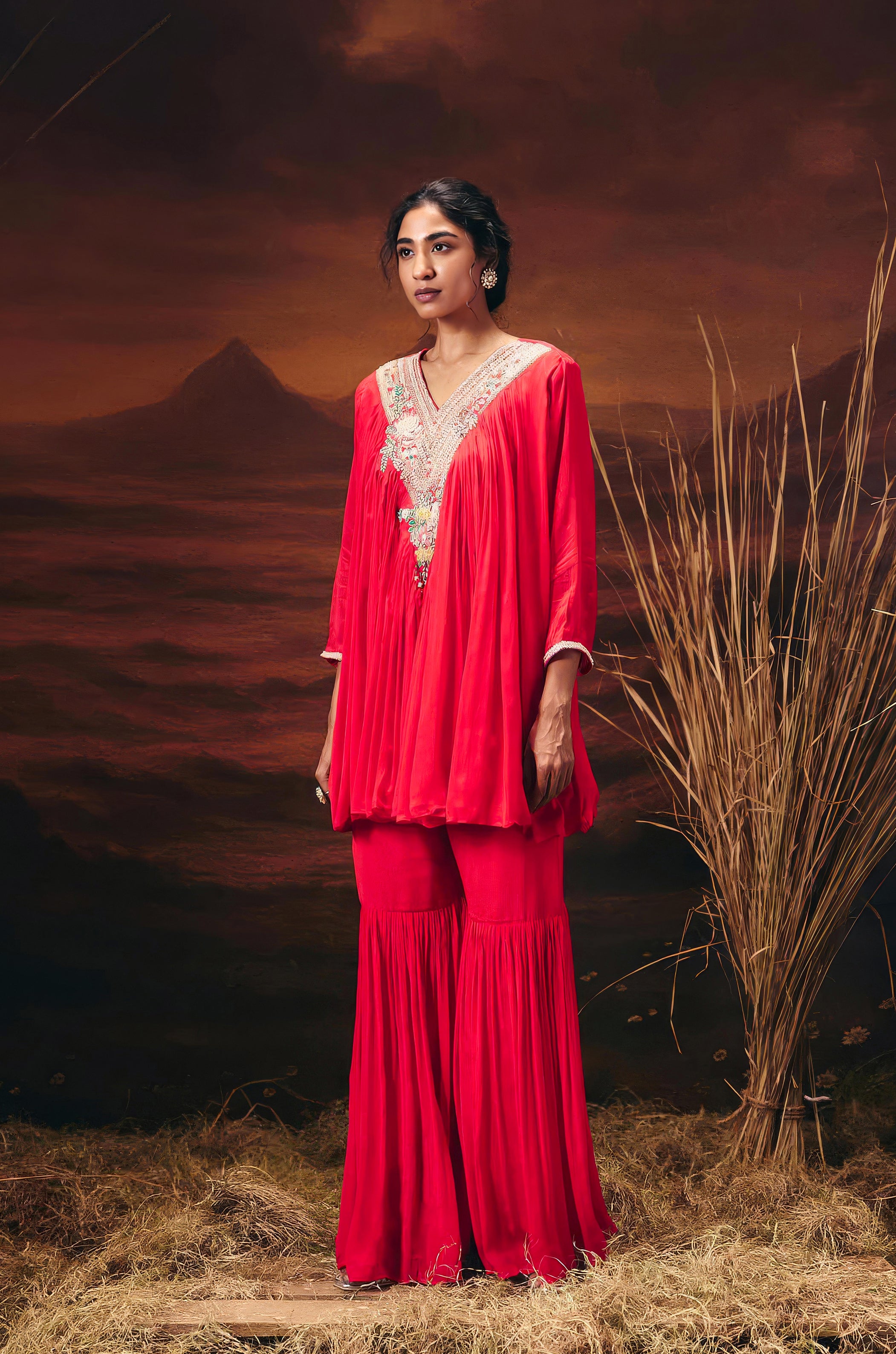 Coral Red Embellished Chinon Silk Sharara Set