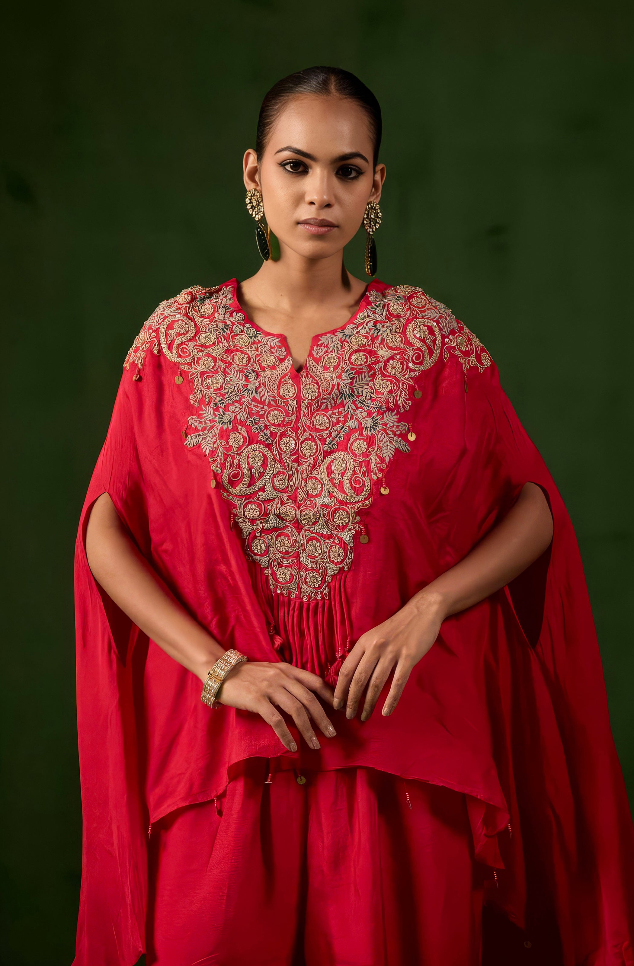 Vibrant Red Embellished Raw Silk Palazzo Set