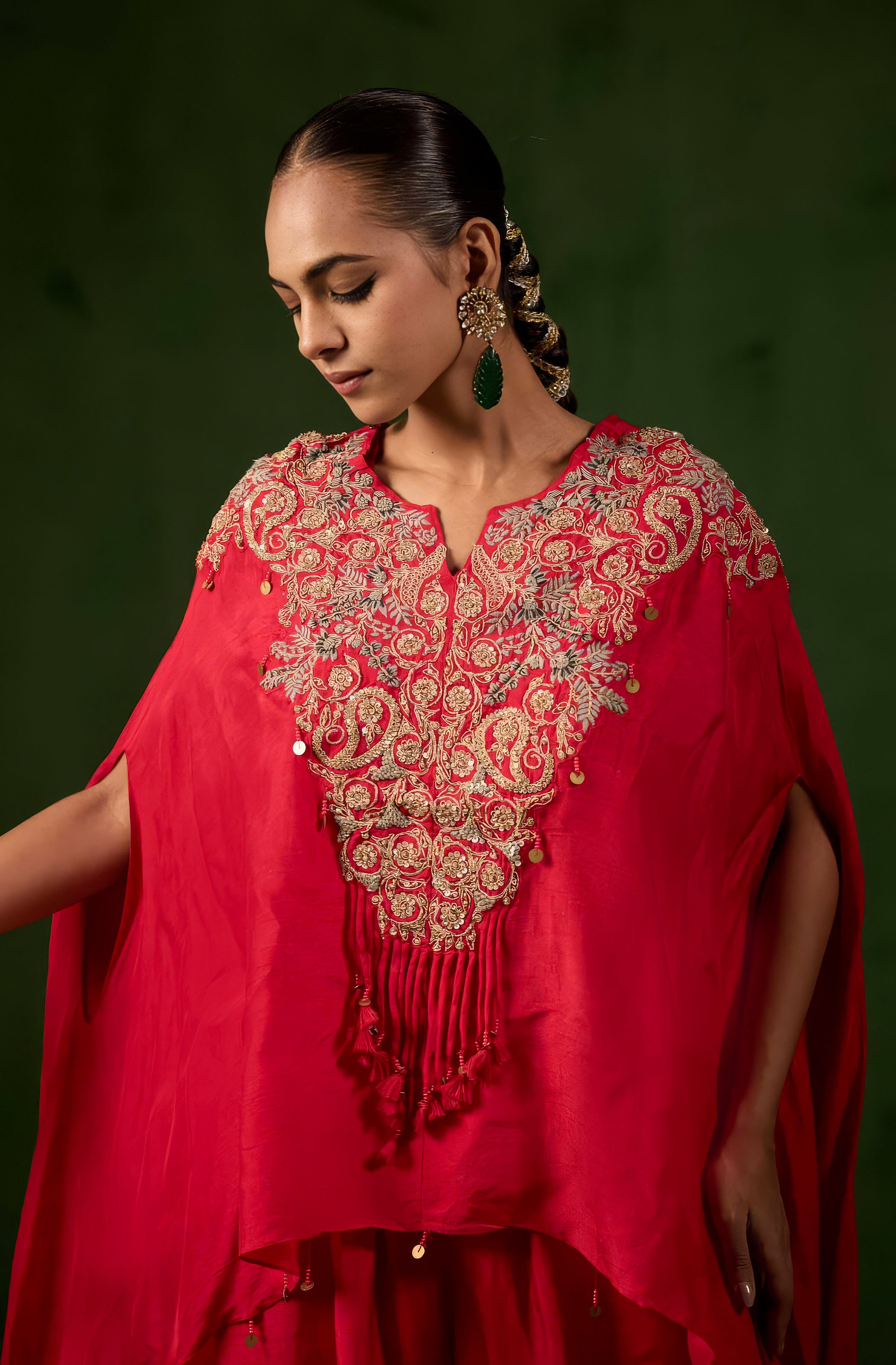 Vibrant Red Embellished Raw Silk Palazzo Set