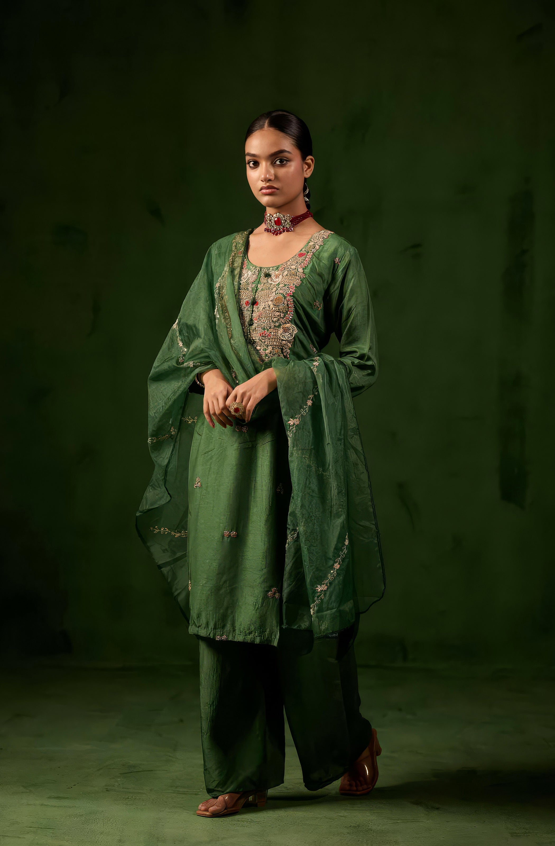 Forest Green Embellished Raw Silk Palazzo Set