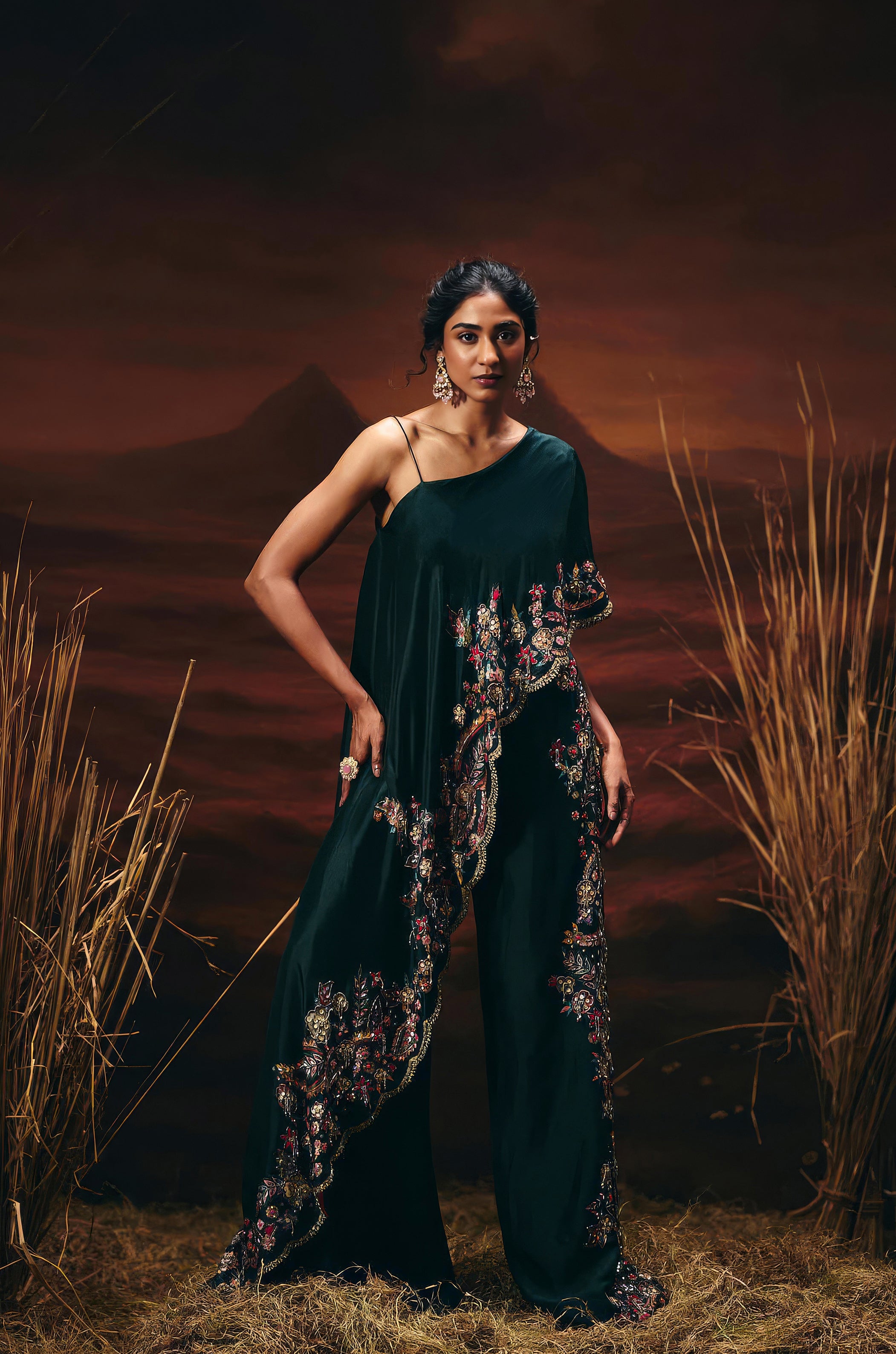Teal Green Embellished Raw Silk Tunic Set