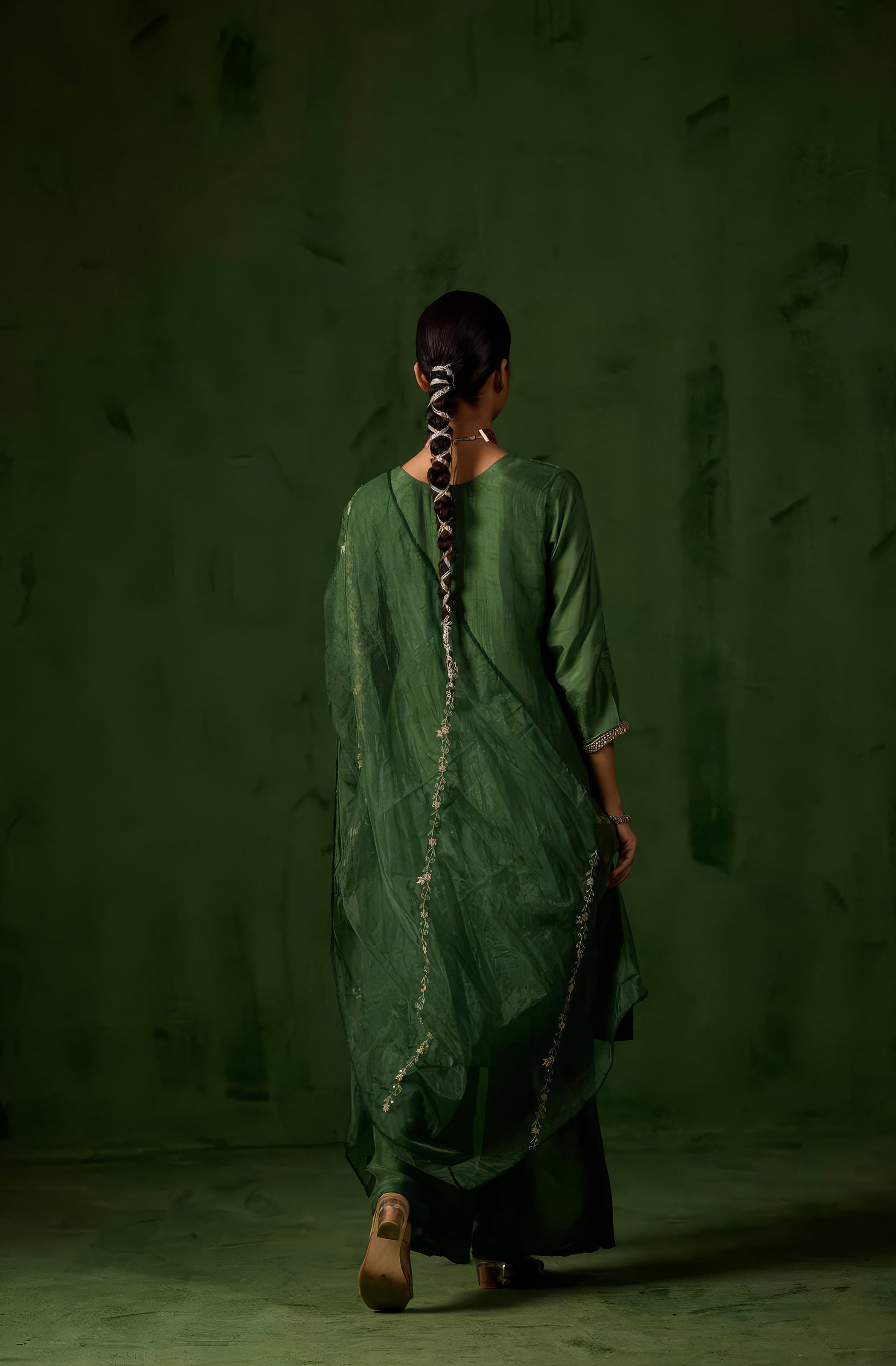Forest Green Embellished Raw Silk Palazzo Set