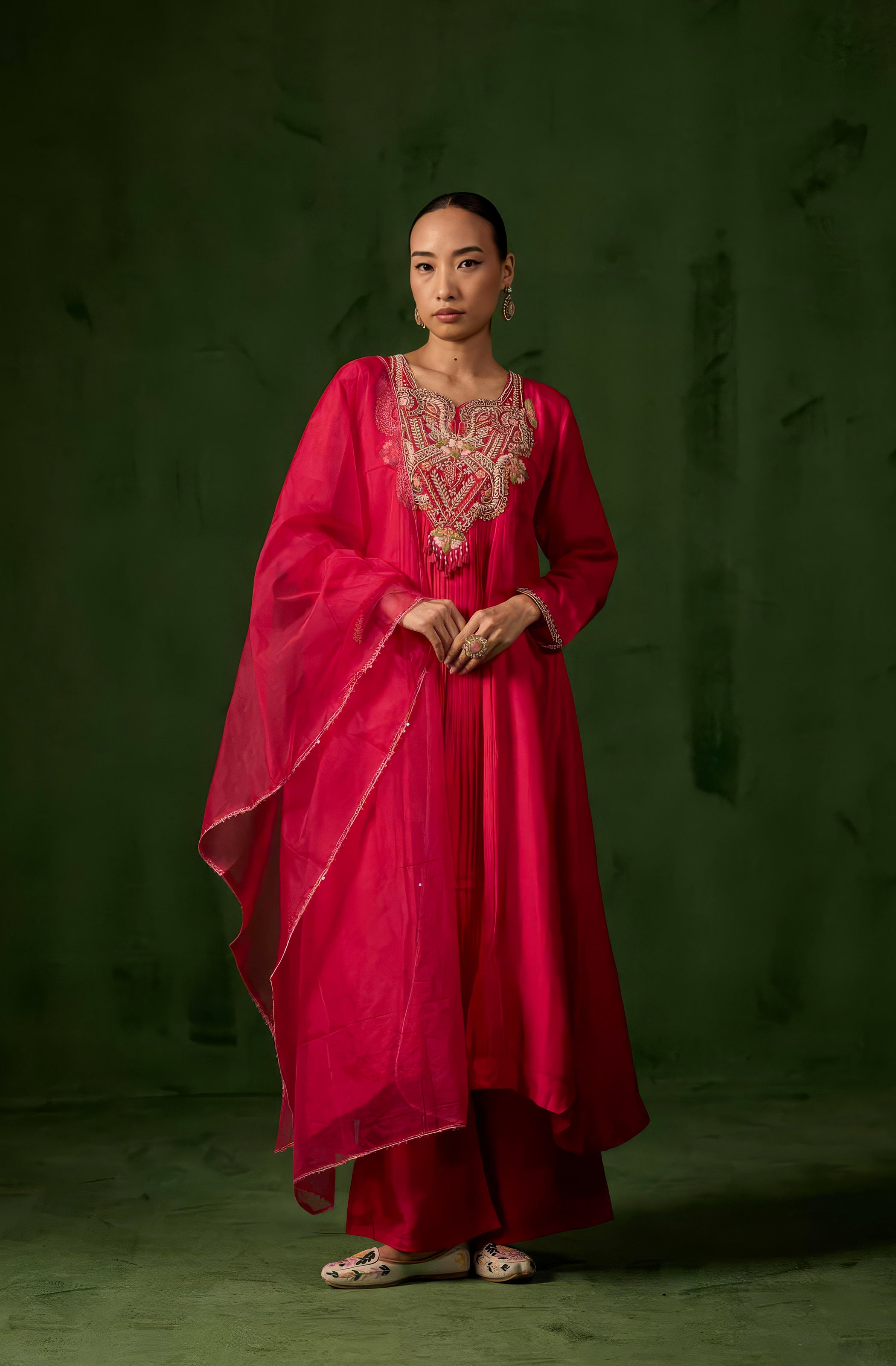 Raspberry Pink Embellished Raw Silk Palazzo Set
