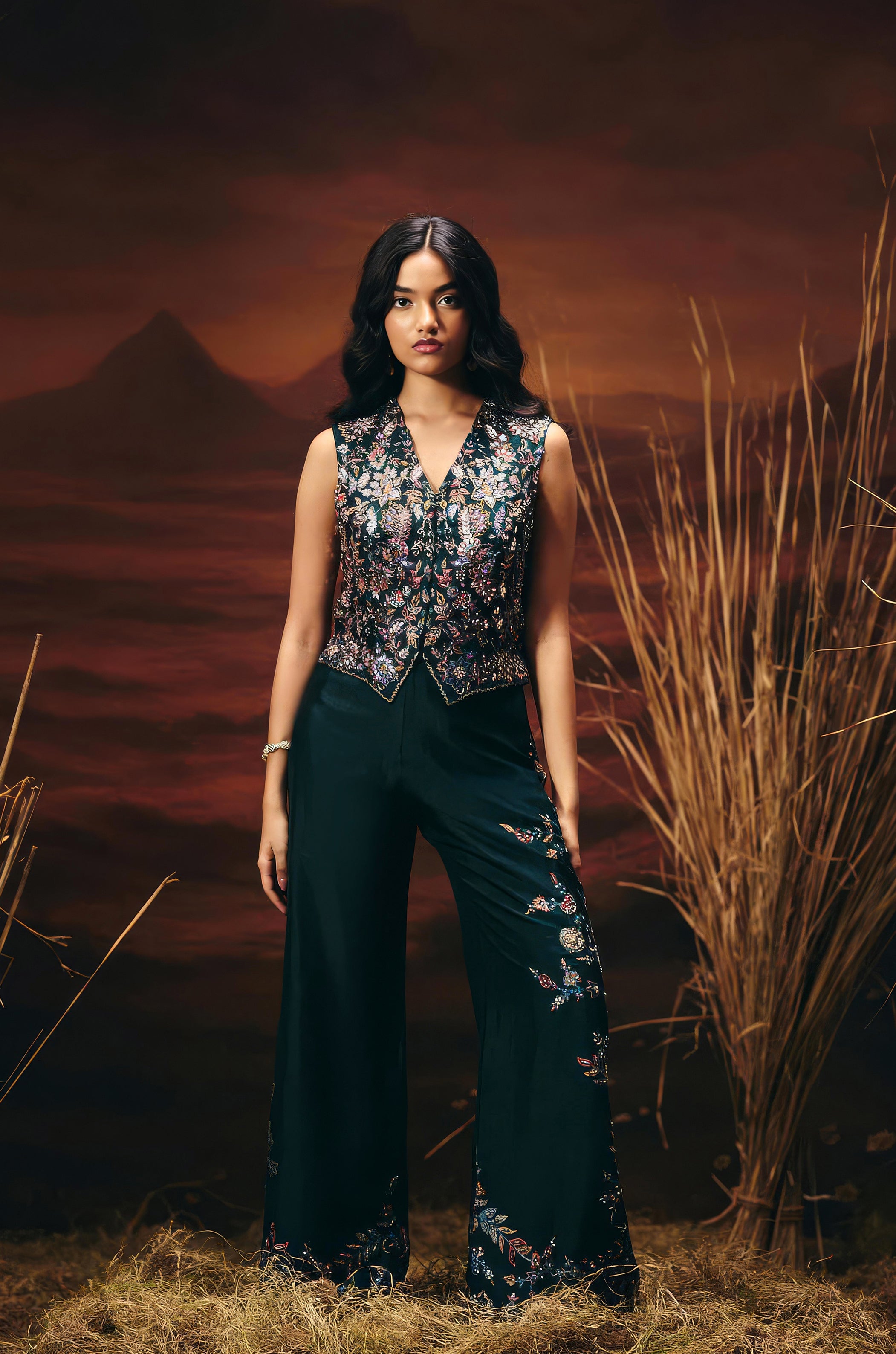 Bottle Green Embellished Raw Silk Co-Ord Set