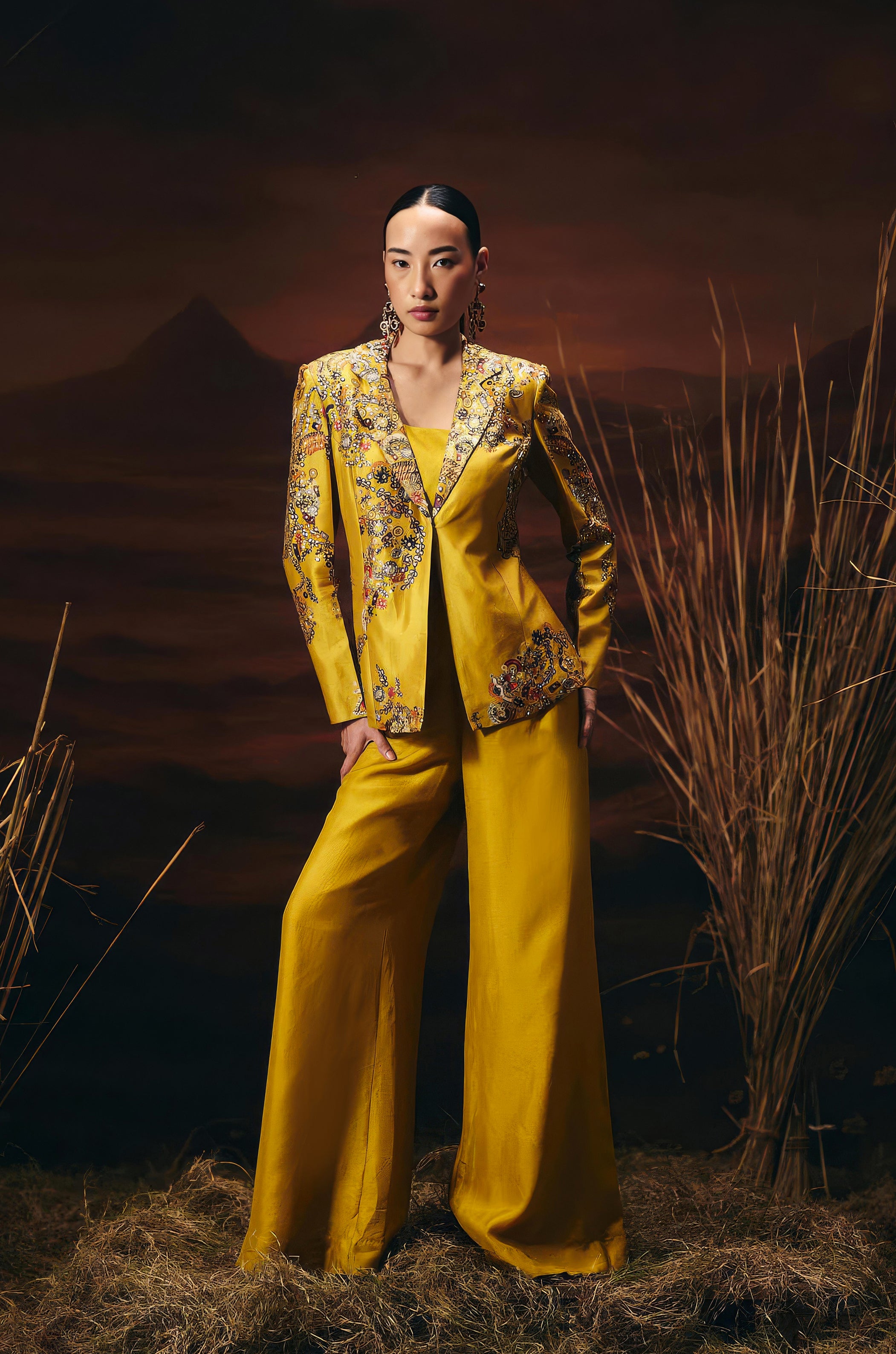 Marigold Yellow Embellished Chinon Silk Co-Ord Set