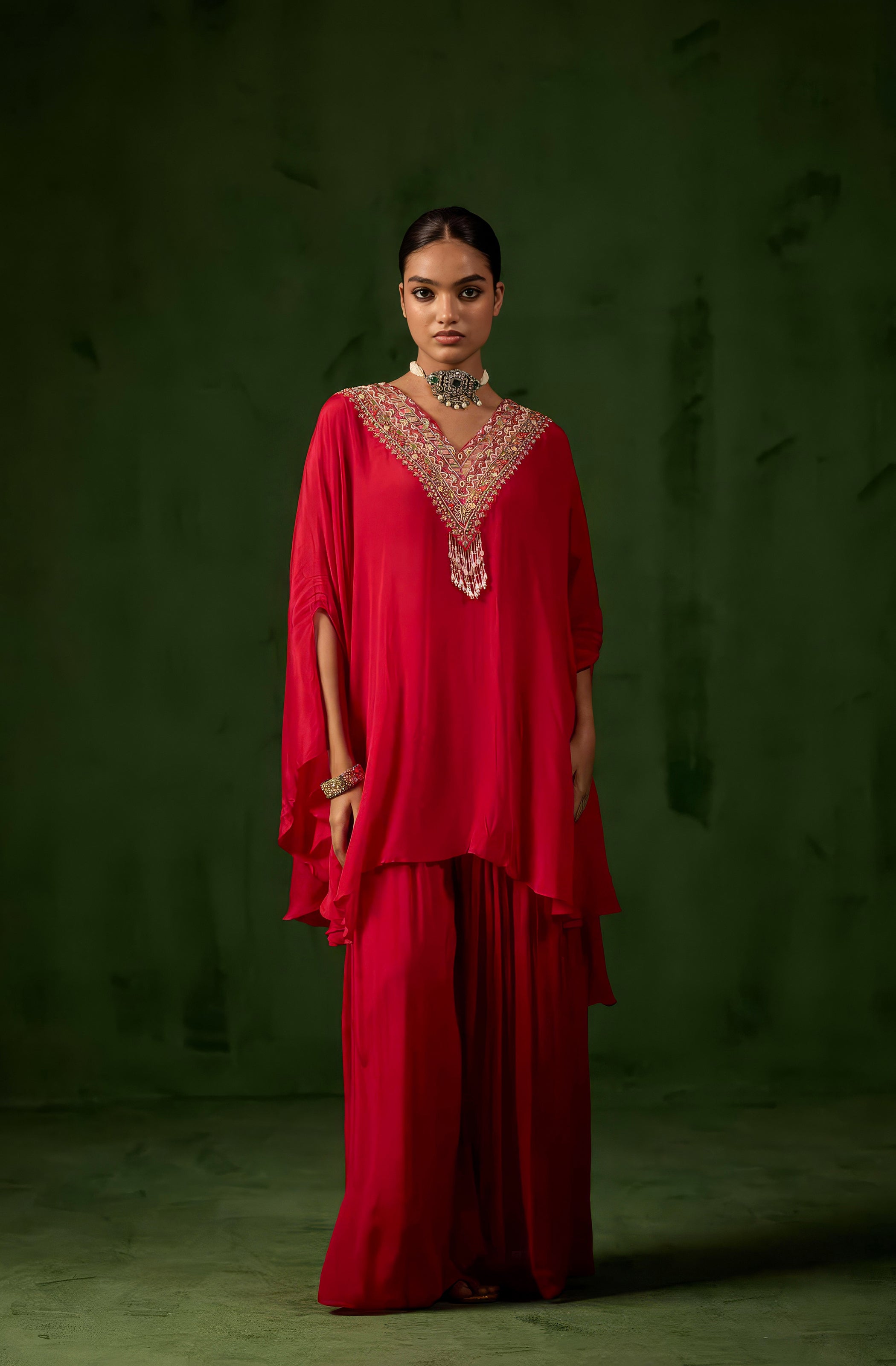 Crimson Red Embellished Chinon Silk Kaftan Set