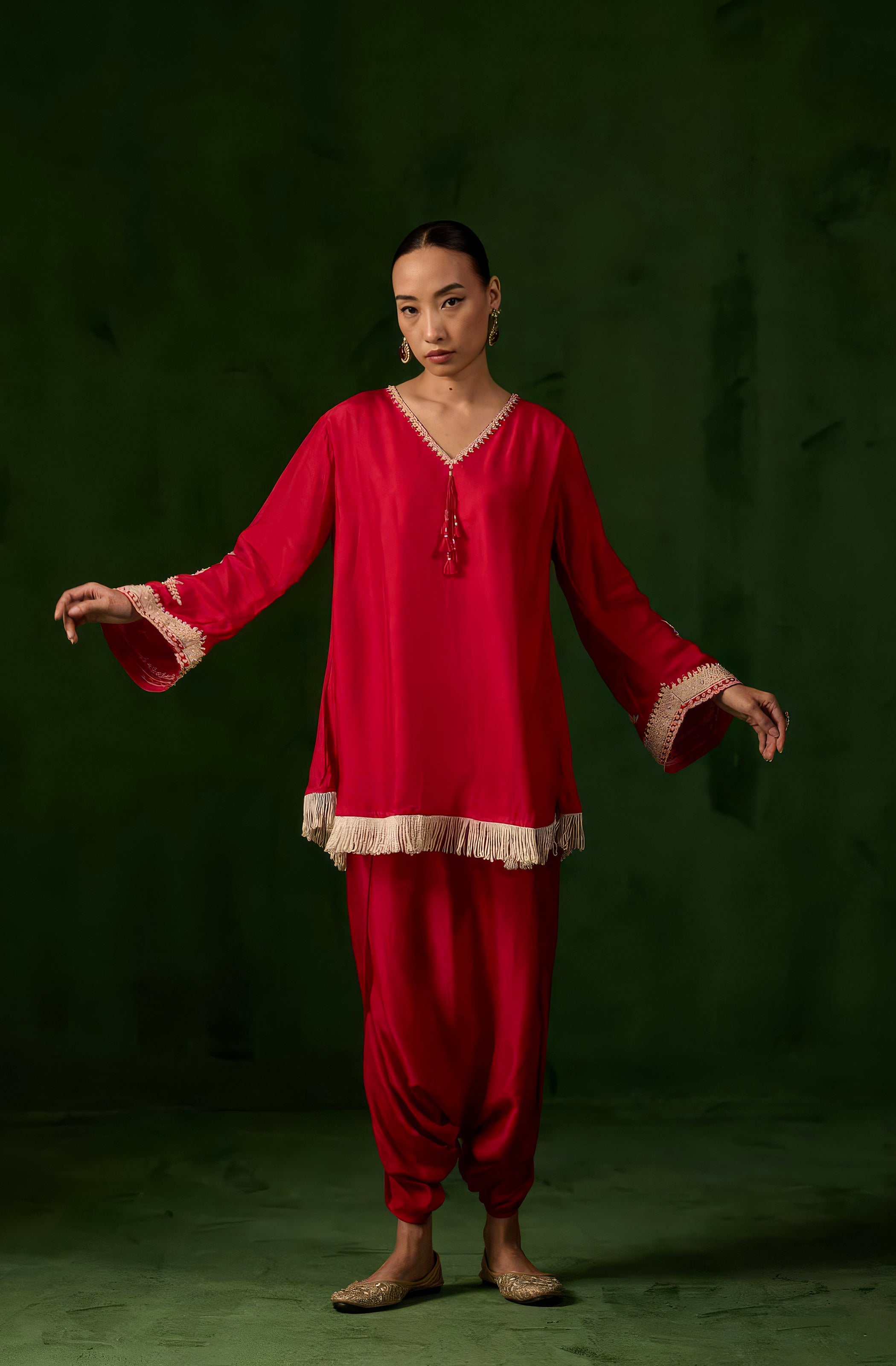 Bright Red Embellished Raw Silk Co-Ord Set