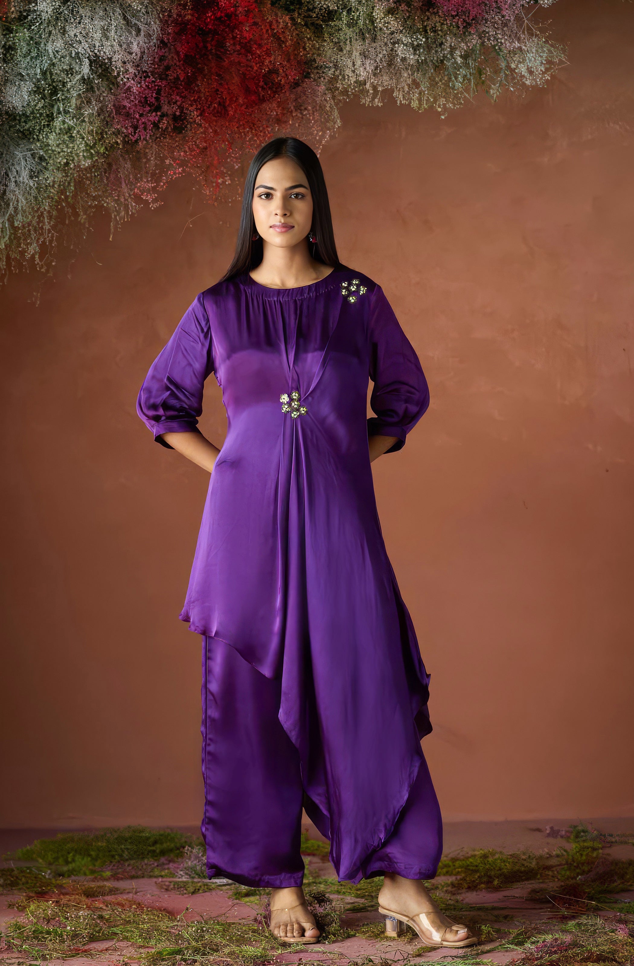 Velvet Purple Embellished Satin Silk Kurta Set