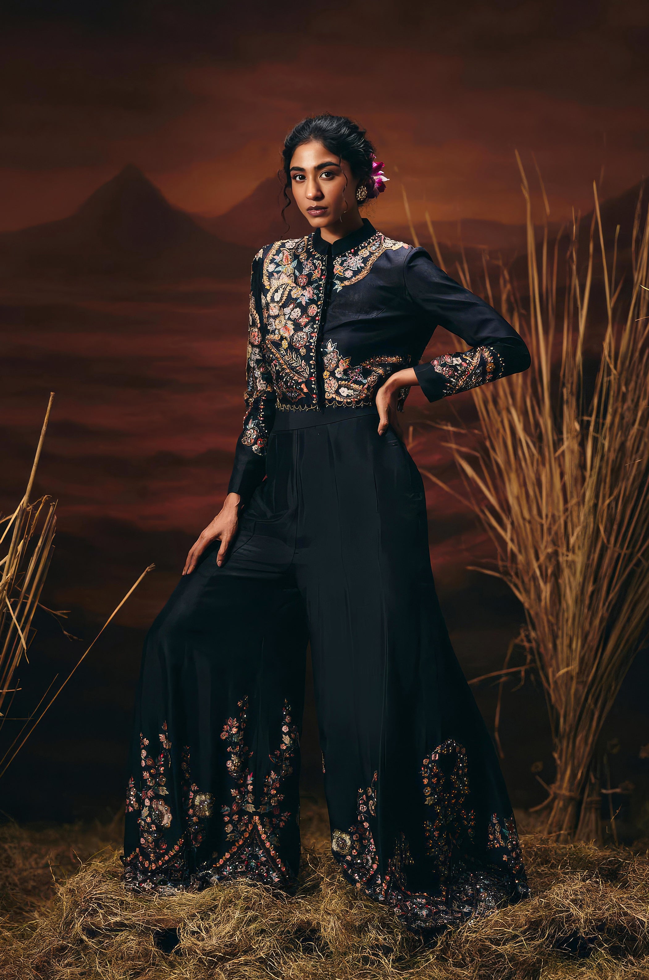 Classic Black Embellished Raw Silk Palazzo Set