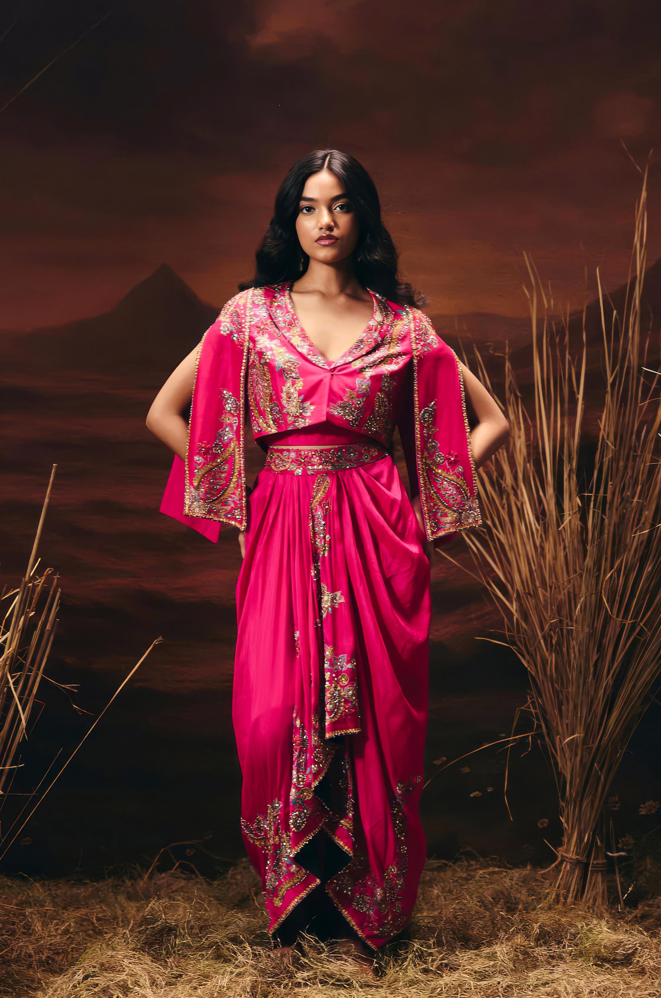 Electric Pink Embellished Chinon Silk Skirt Set