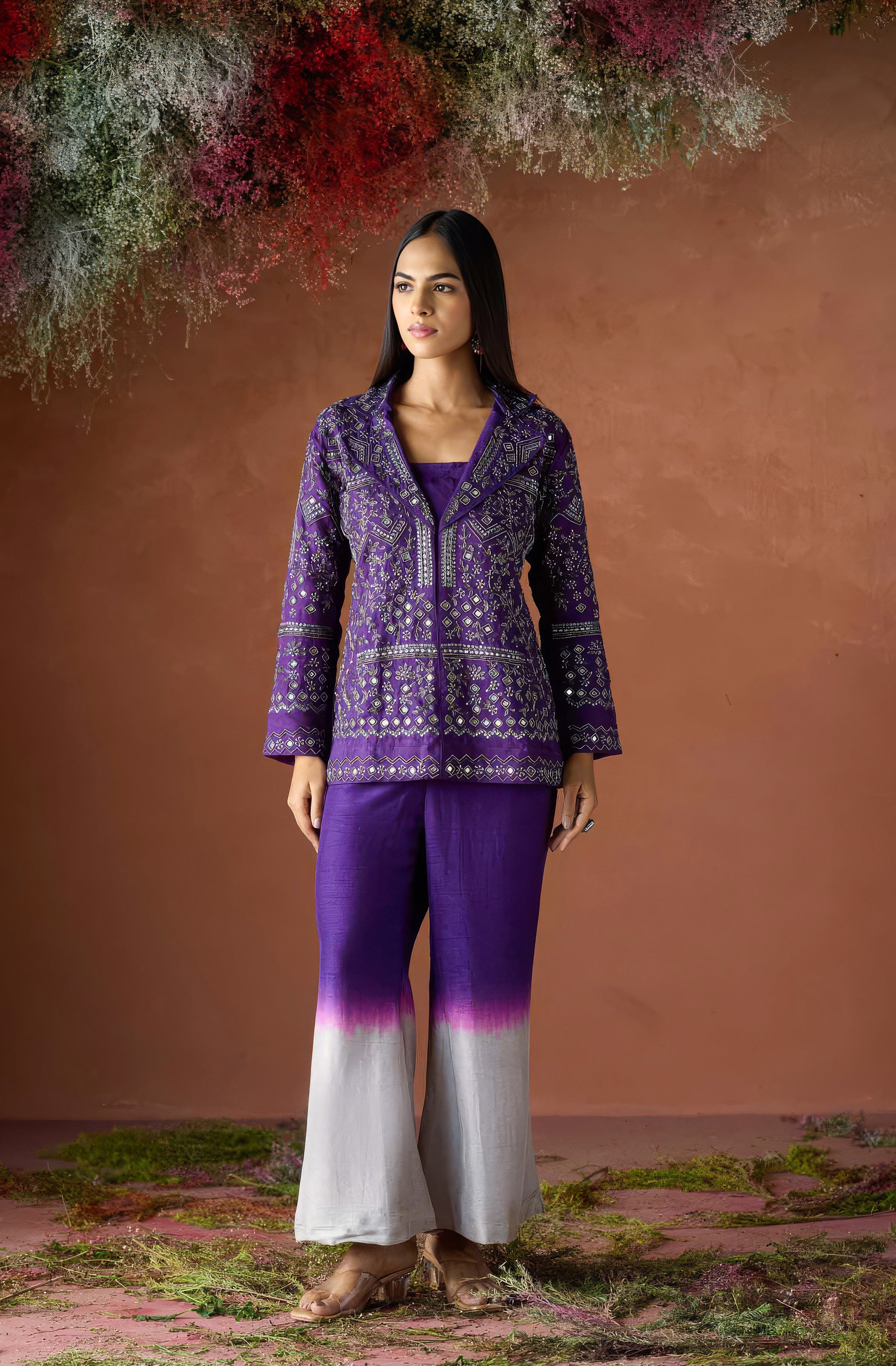 Dark Purple Embellished Raw Silk Co-Ord Set