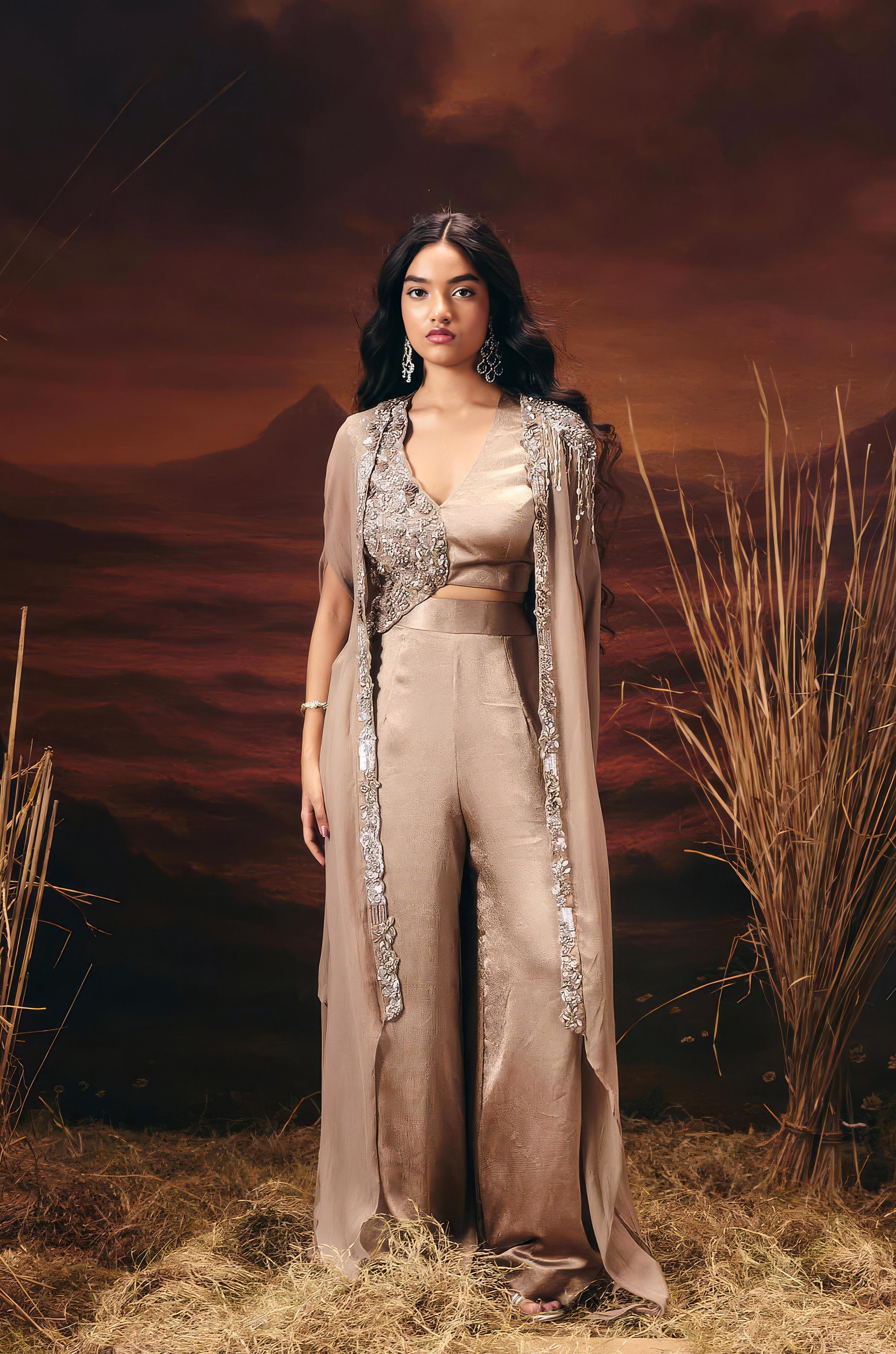 Champagne Gold Embellished Satin Silk Co-Ord Set