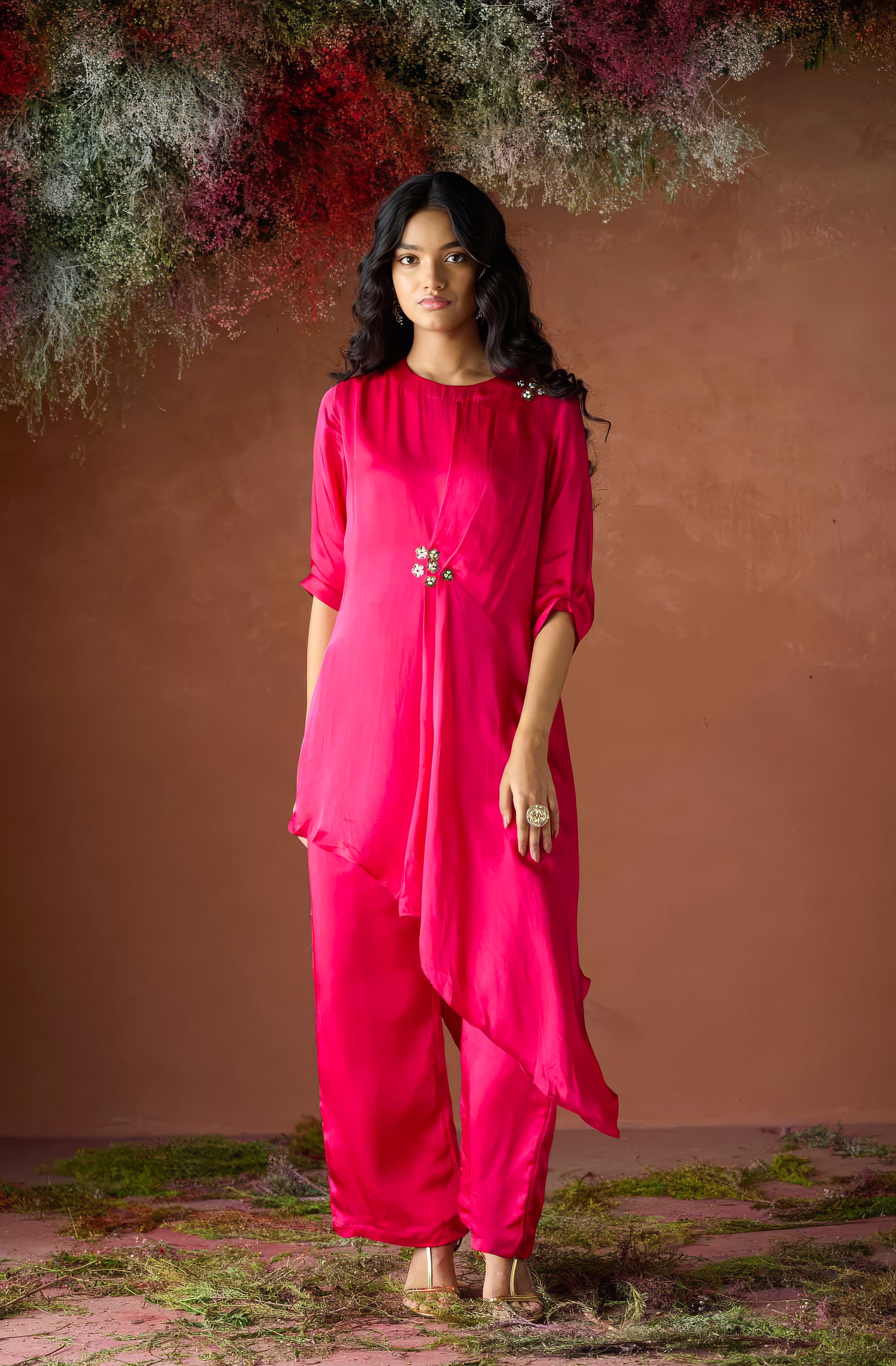 Cherry Pink Embellished Satin Silk Kurta Set