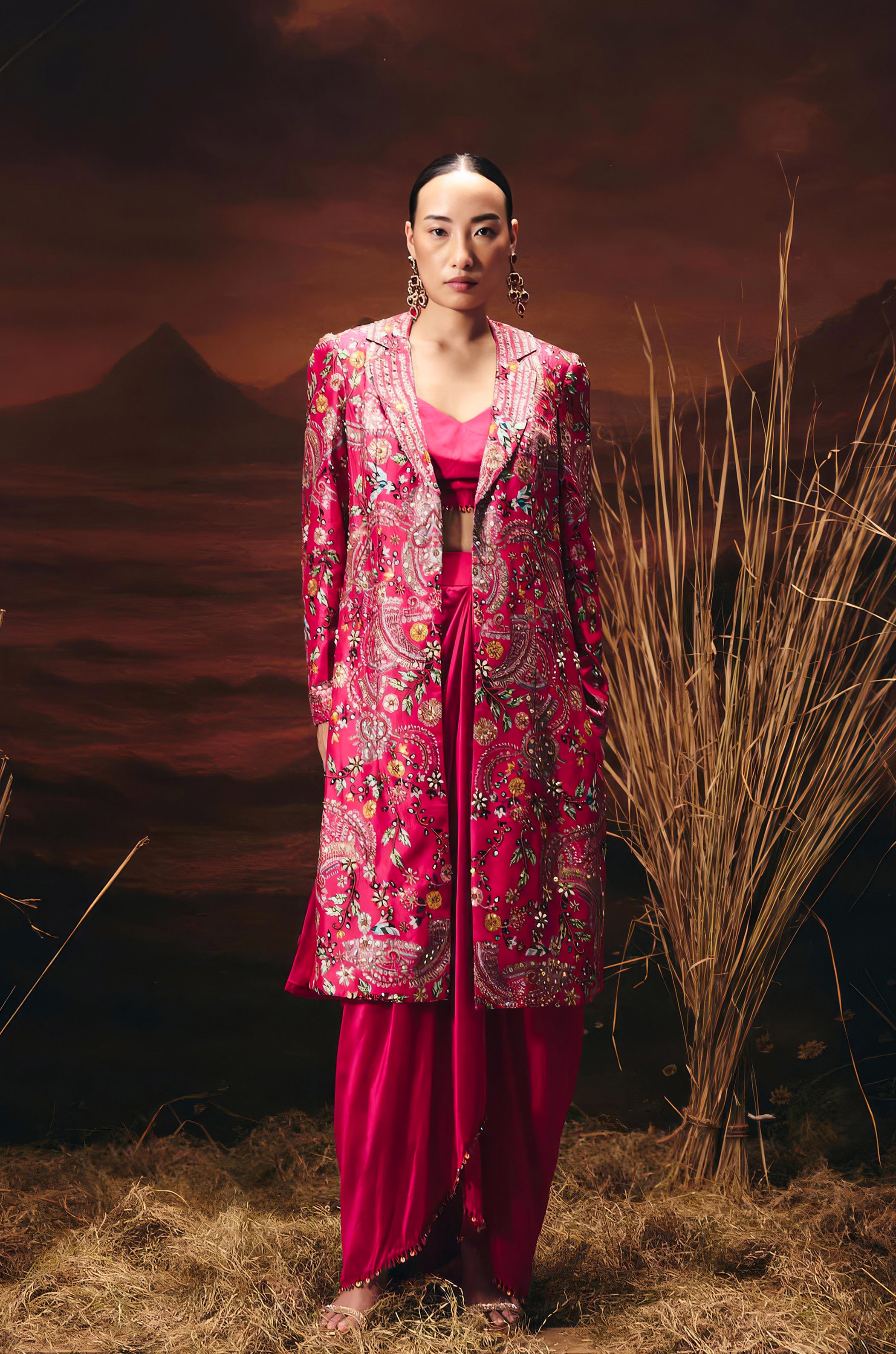Vibrant Pink Embellished Chinon Silk Skirt Set