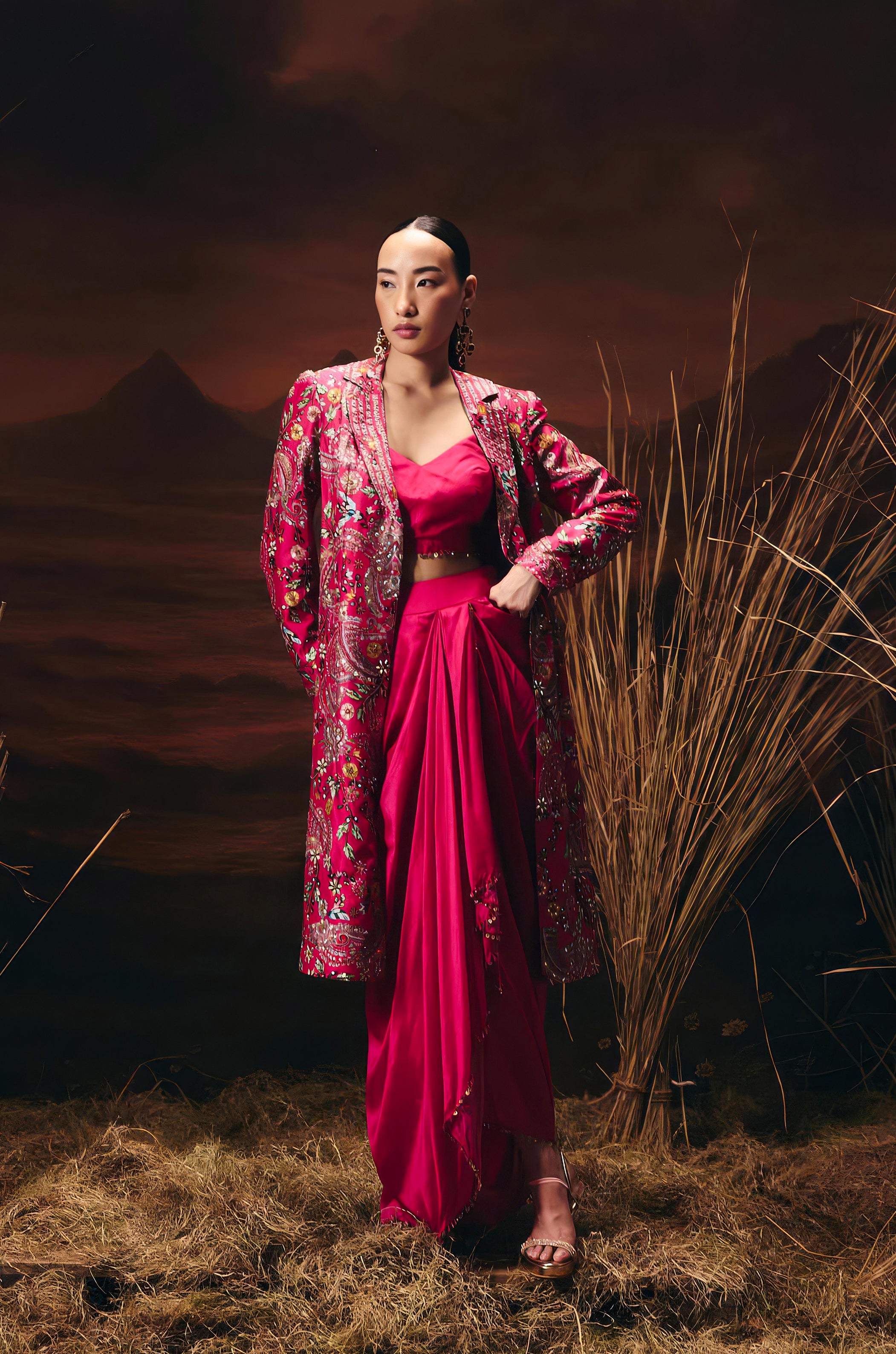 Vibrant Pink Embellished Chinon Silk Skirt Set