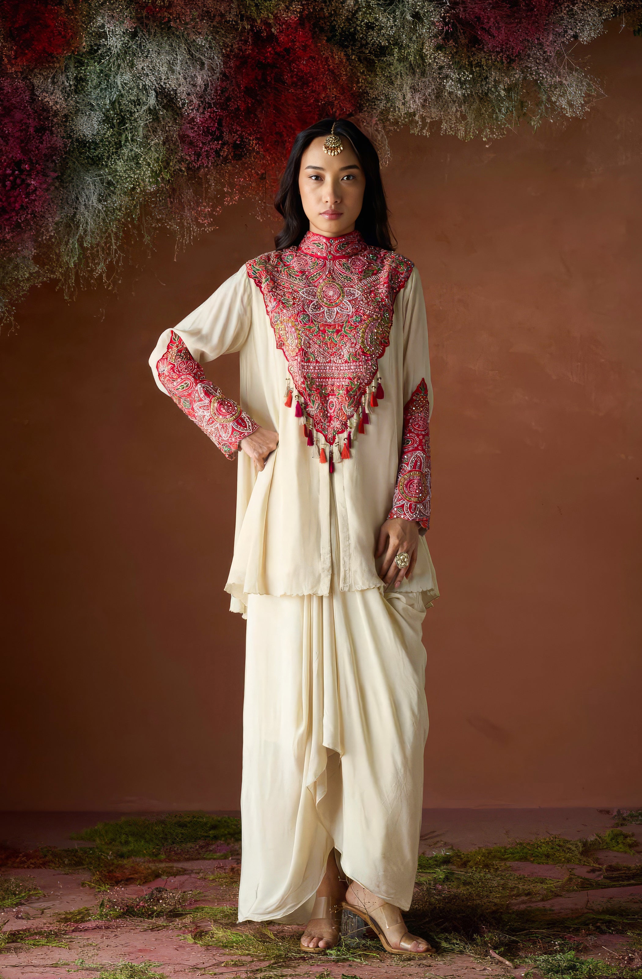 Pale Champagne Embellished Chinon Silk Skirt Set