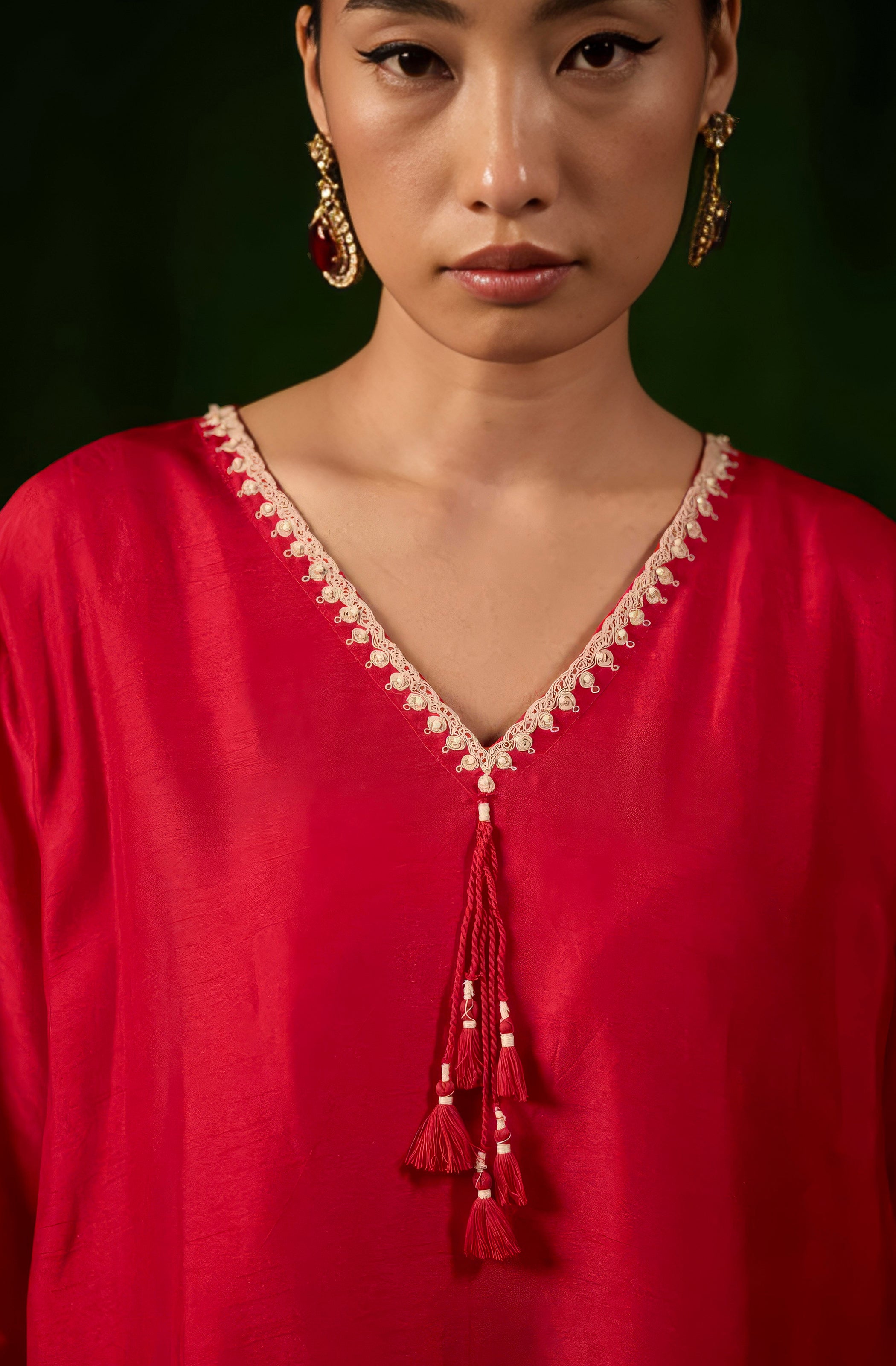 Bright Red Embellished Raw Silk Co-Ord Set