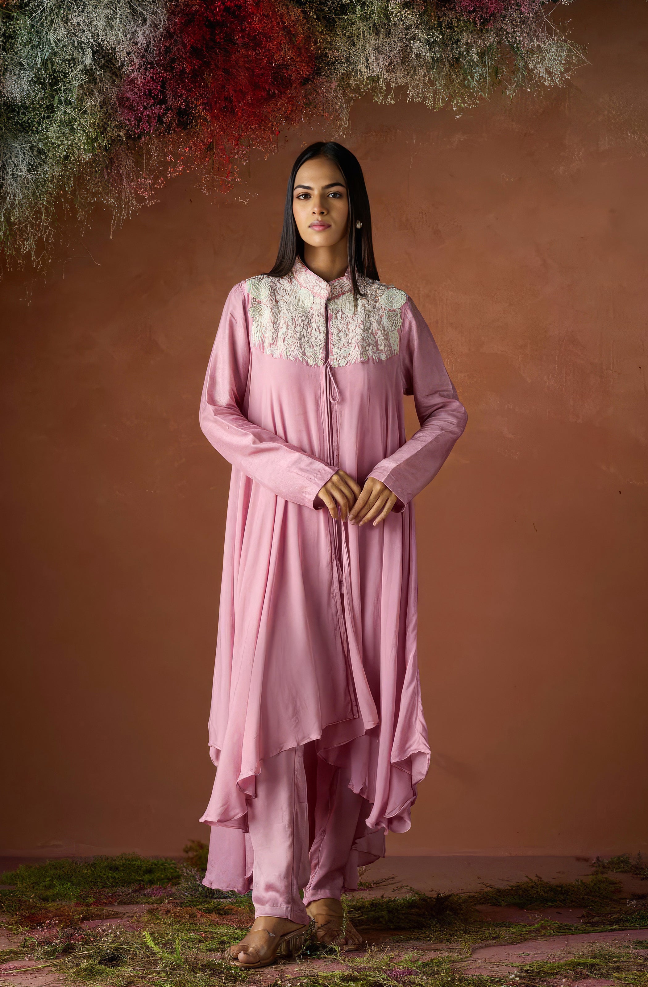 Dewy Pink Embroidered Chinon Silk Co-Ord Set