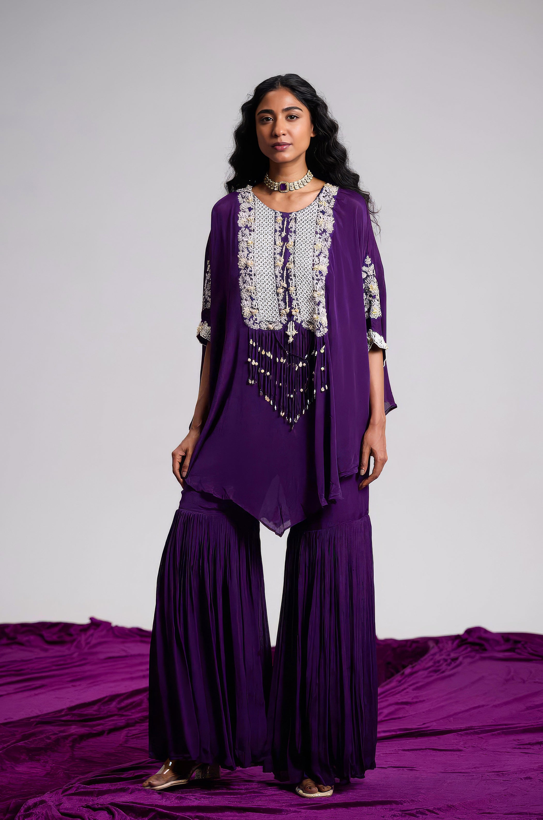 Majestic Violet Embellished Chinon Silk Kaftan Set