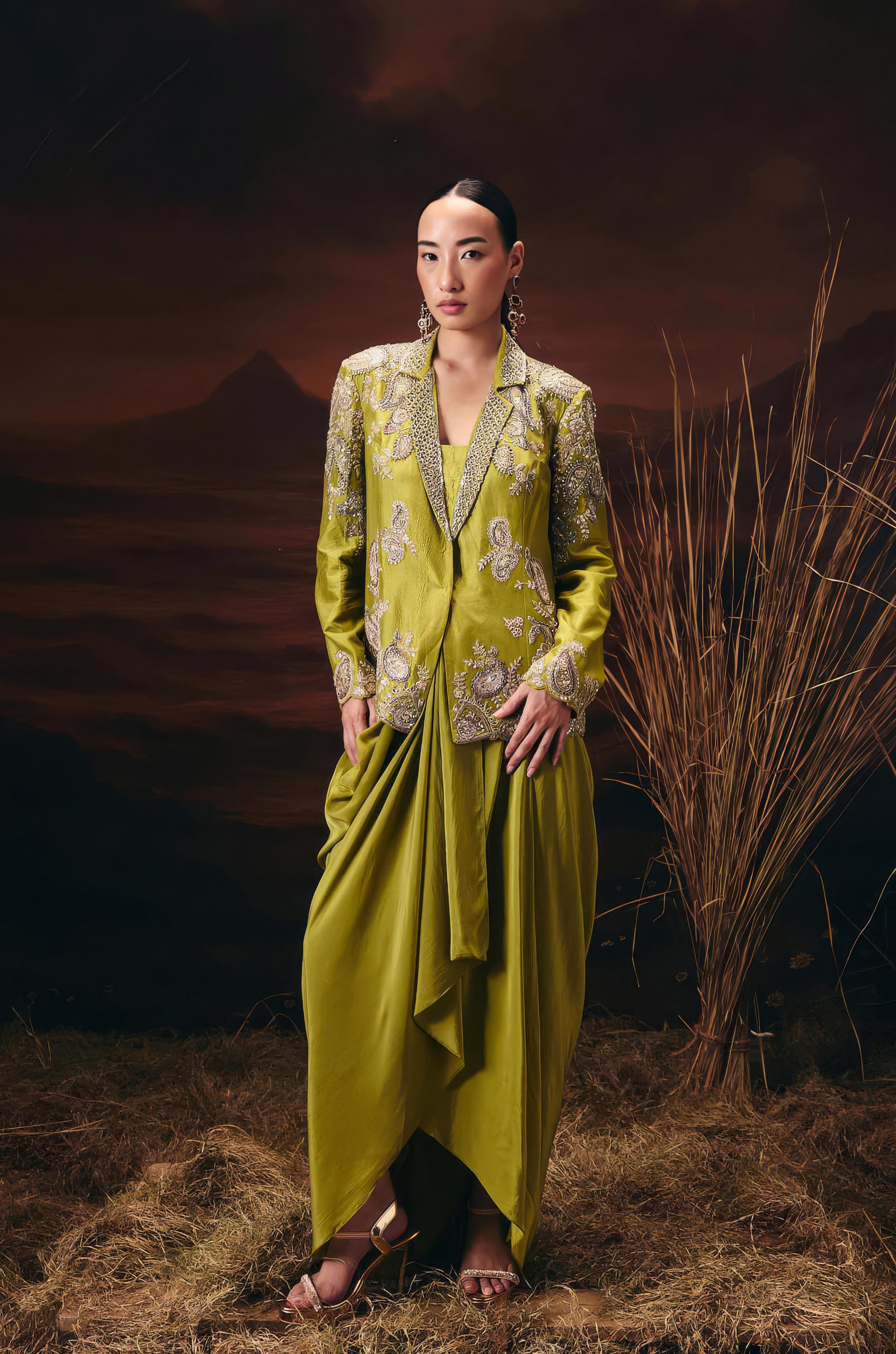 Moss Green Embellished Raw Silk Skirt Set