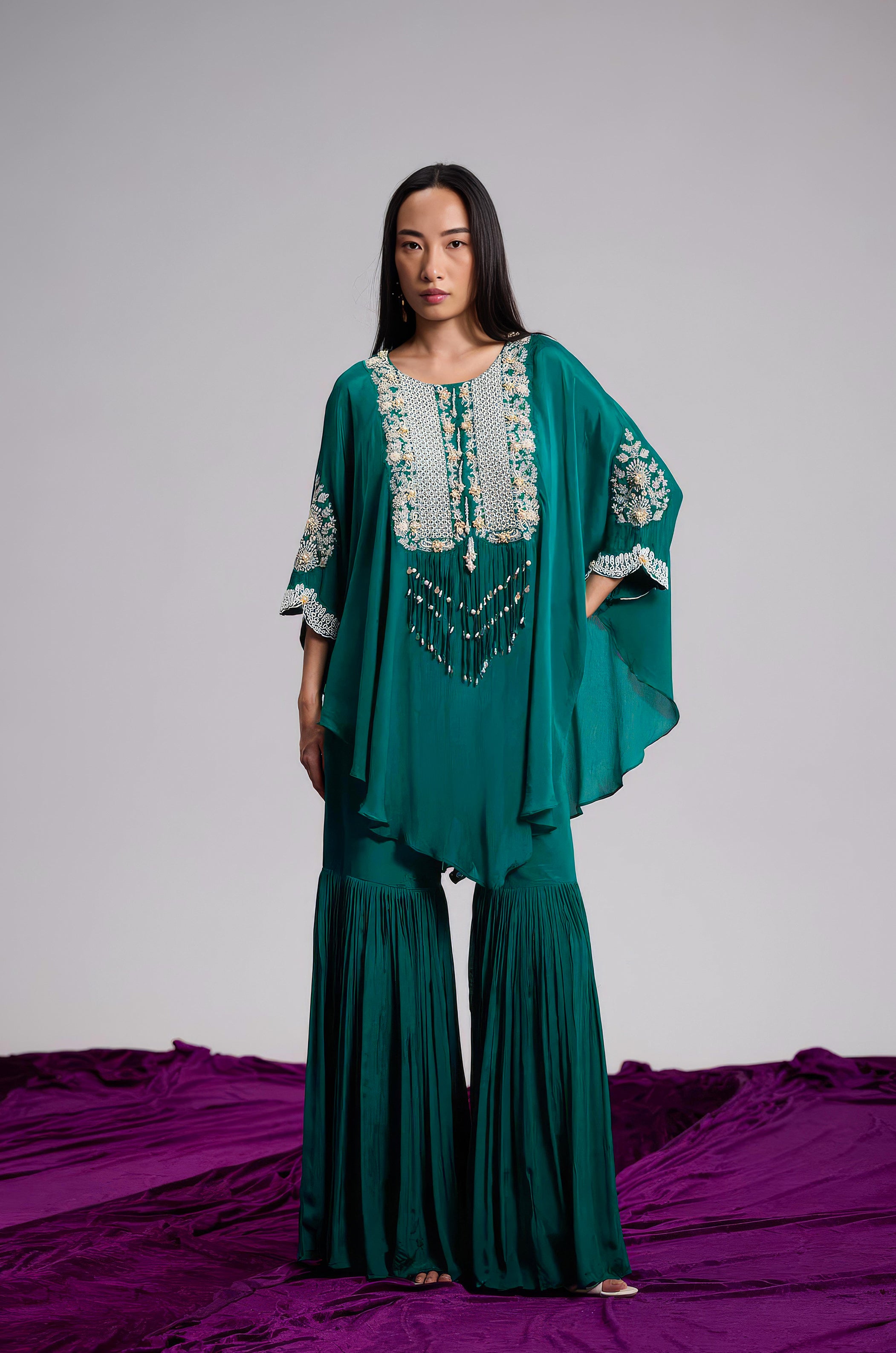 Emerald Green Embellished Chinon Silk Kaftan Set