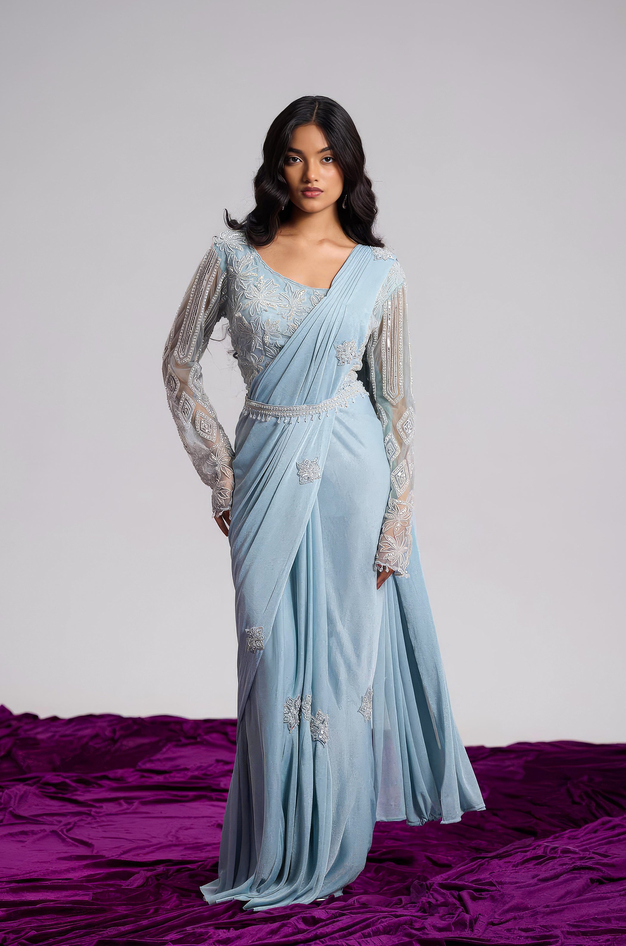 Powder Blue Embellished Shimmer Lycra Silk Draped Saree