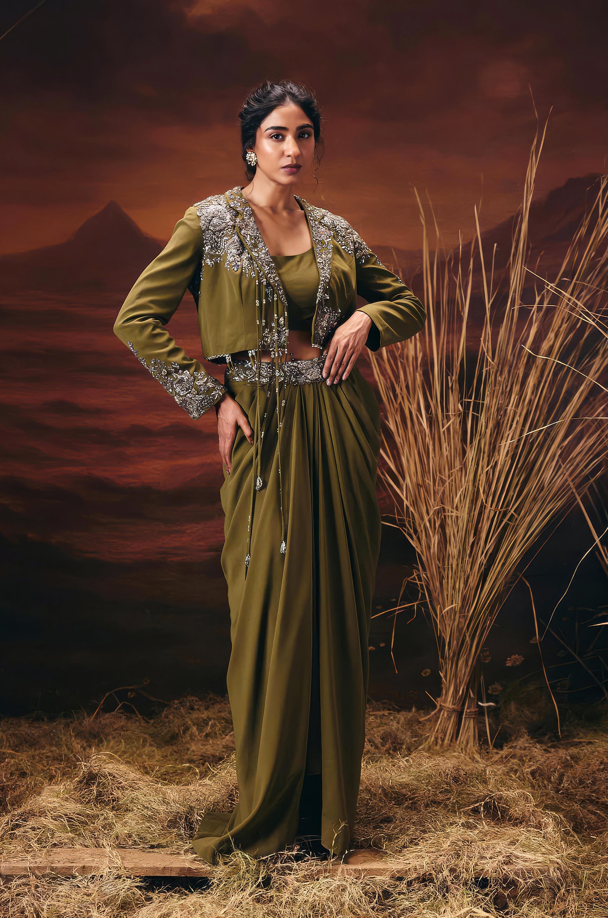 Olive Green Embellished Georgette Silk Skirt Set