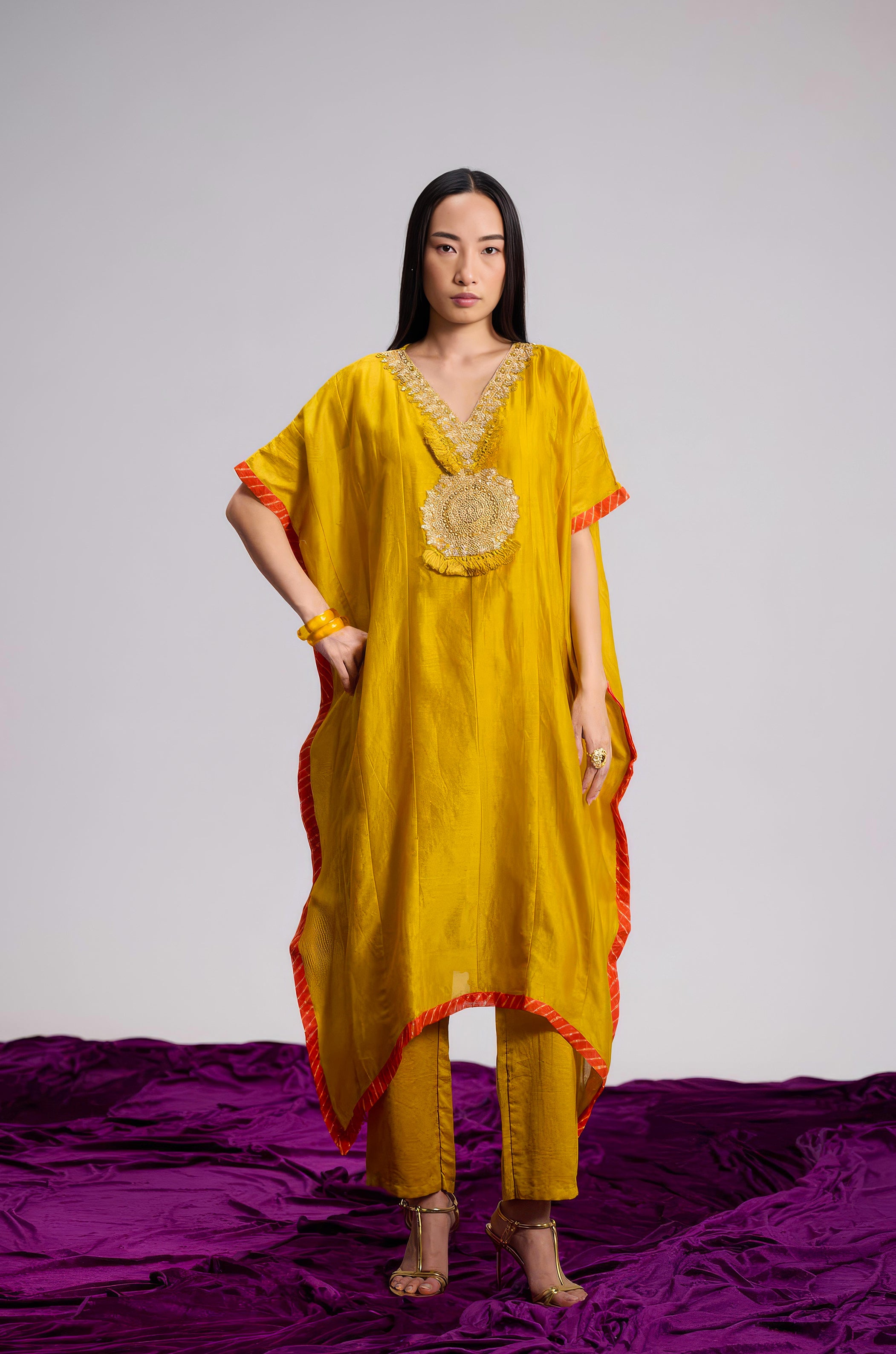 Mustard Yellow Embellished Organza Tissue Silk Kaftan Set