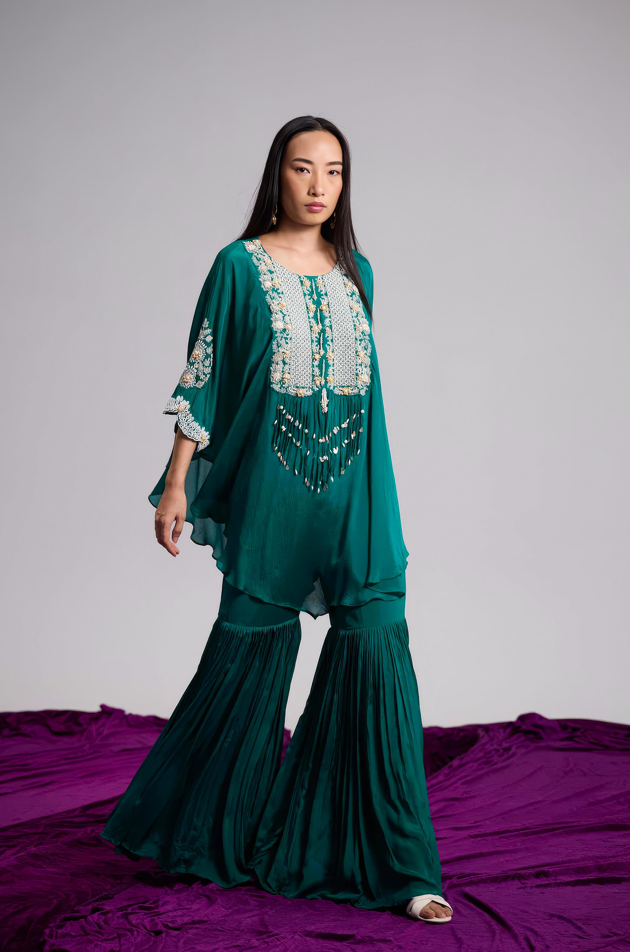 Emerald Green Embellished Chinon Silk Kaftan Set