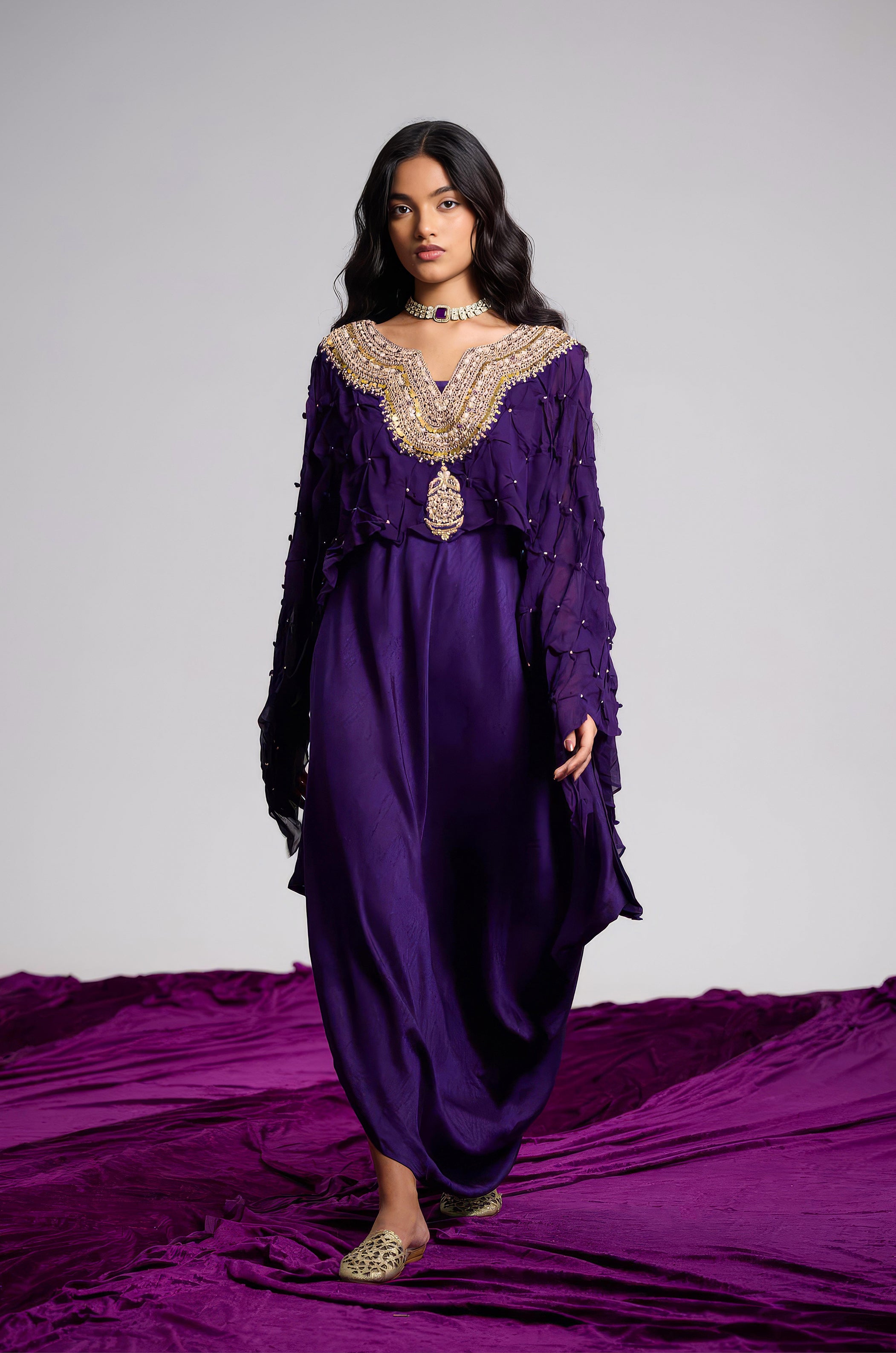 Plum Purple Embellished Georgette Silk Dress
