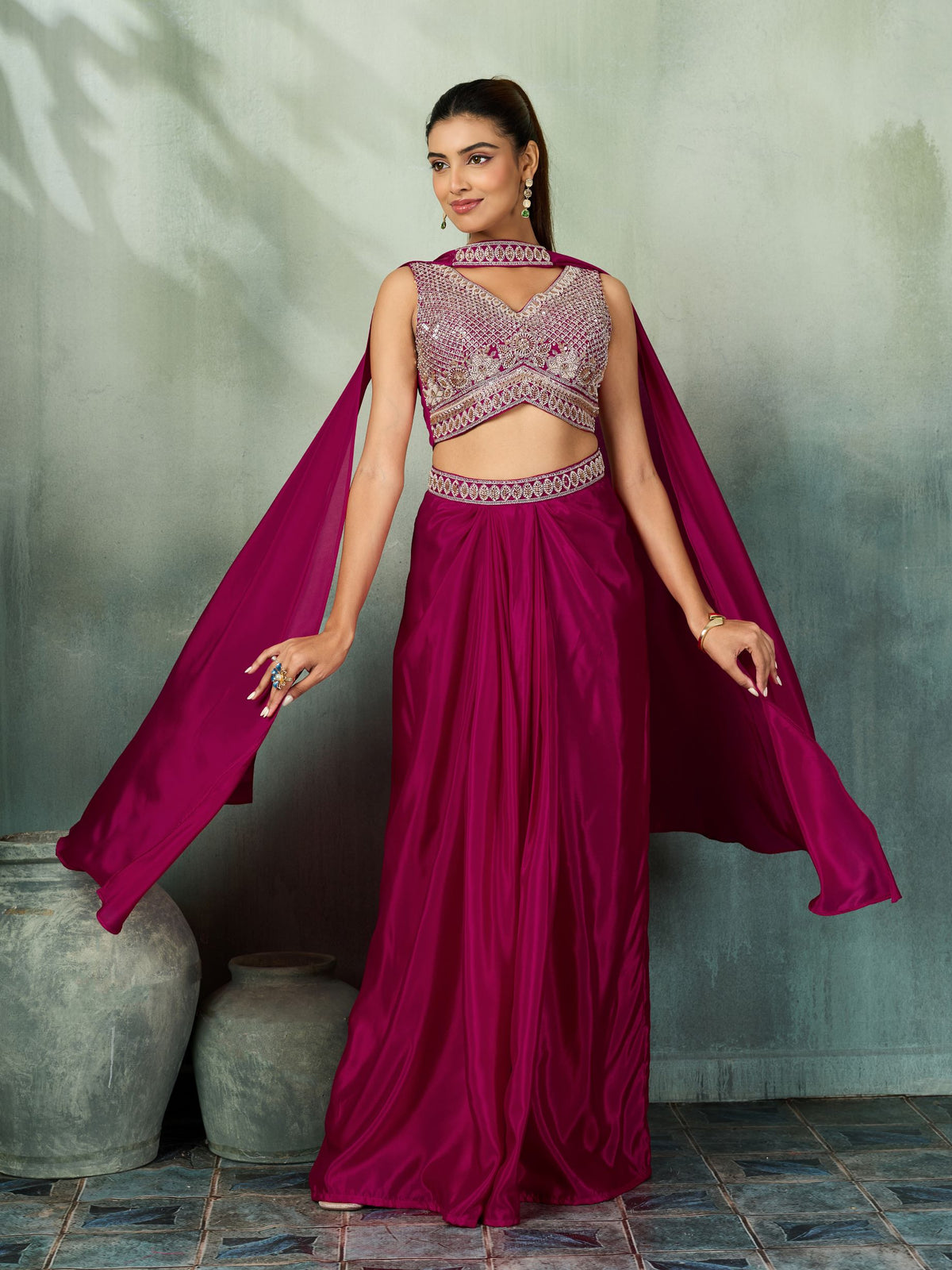 Berry Red Embellished Crepe Satin Silk Skirt Set