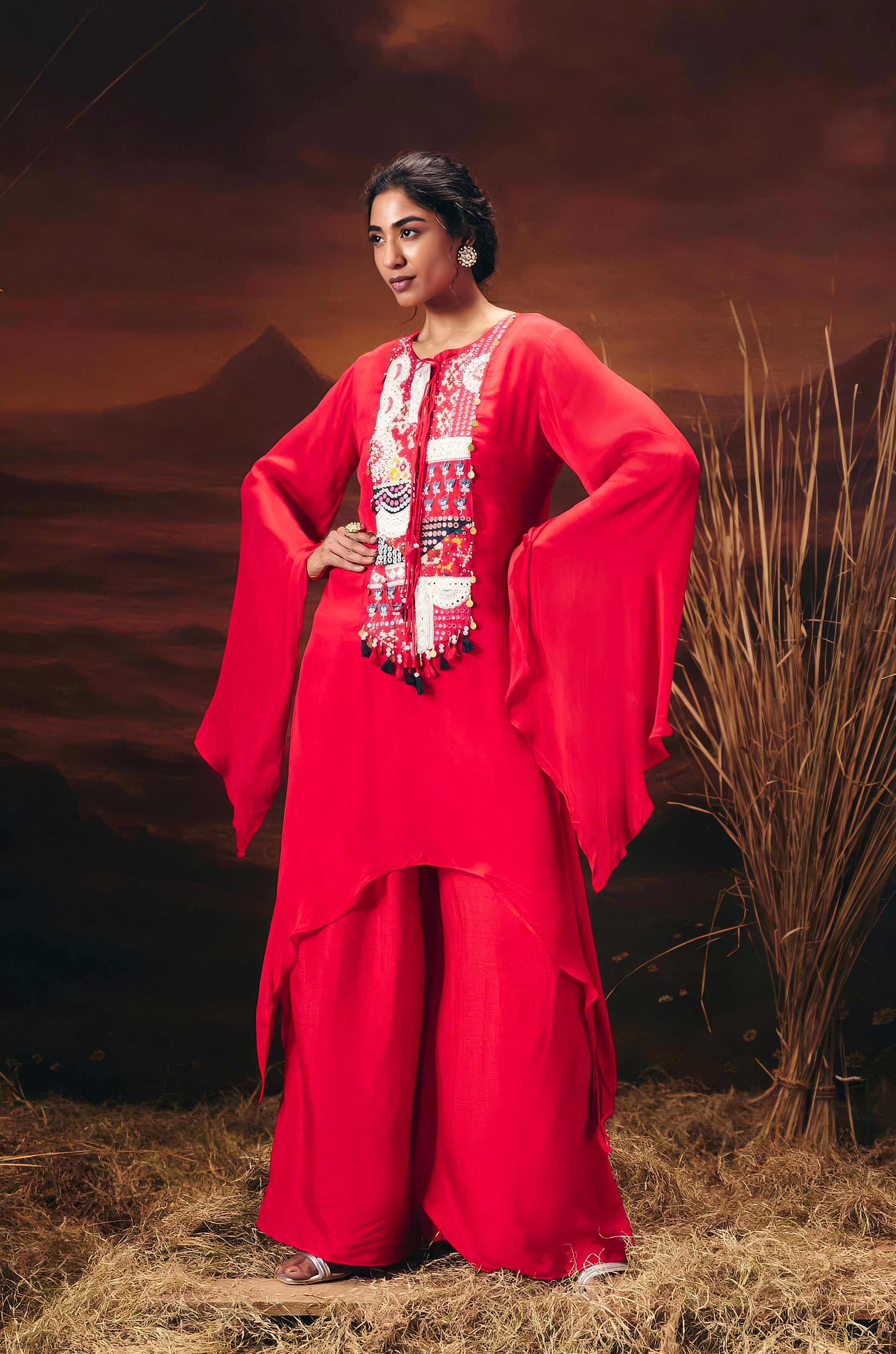 Scarlet Red Embellished Chinon Silk Palazzo Set