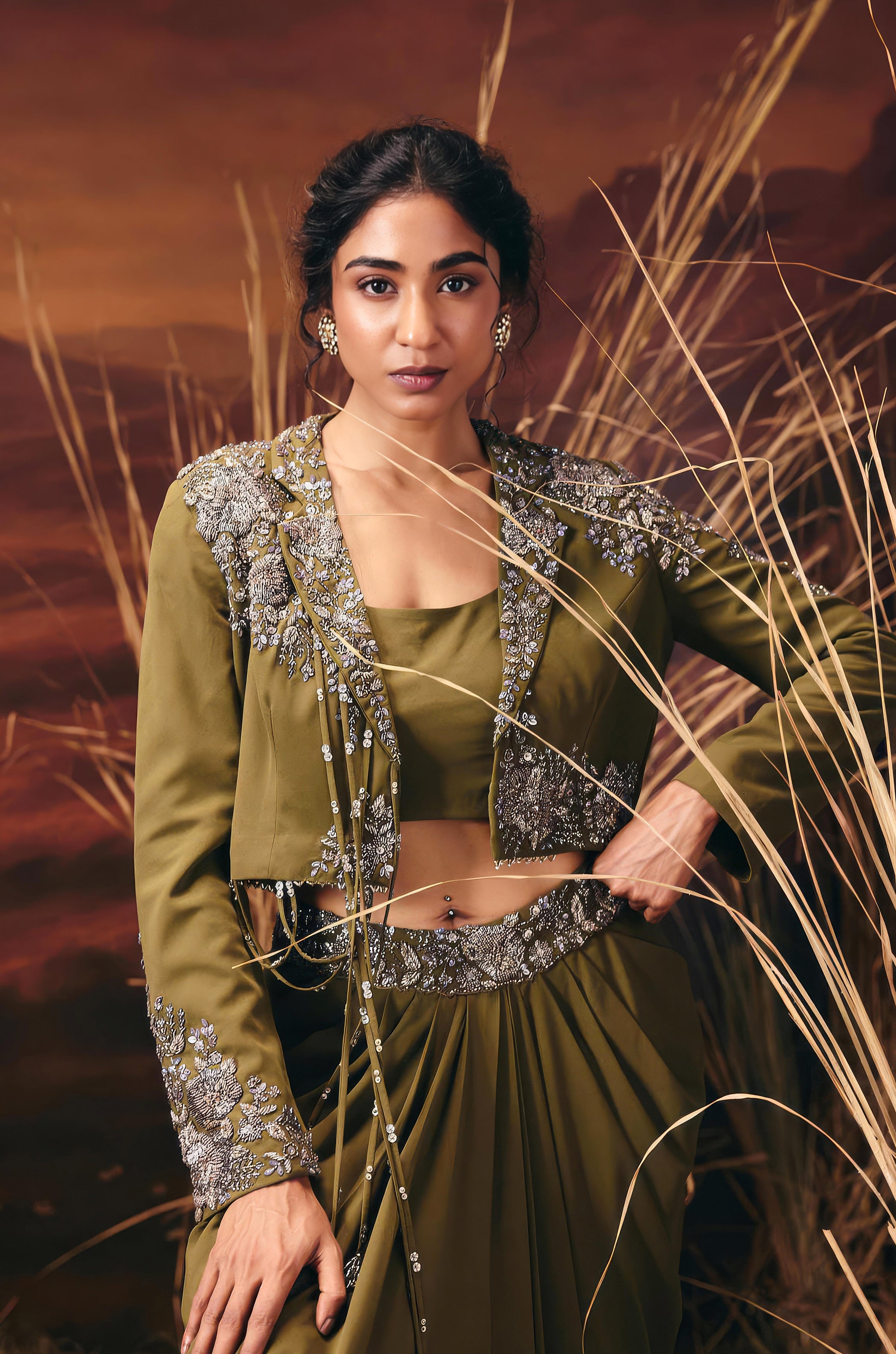 Olive Green Embellished Georgette Silk Skirt Set