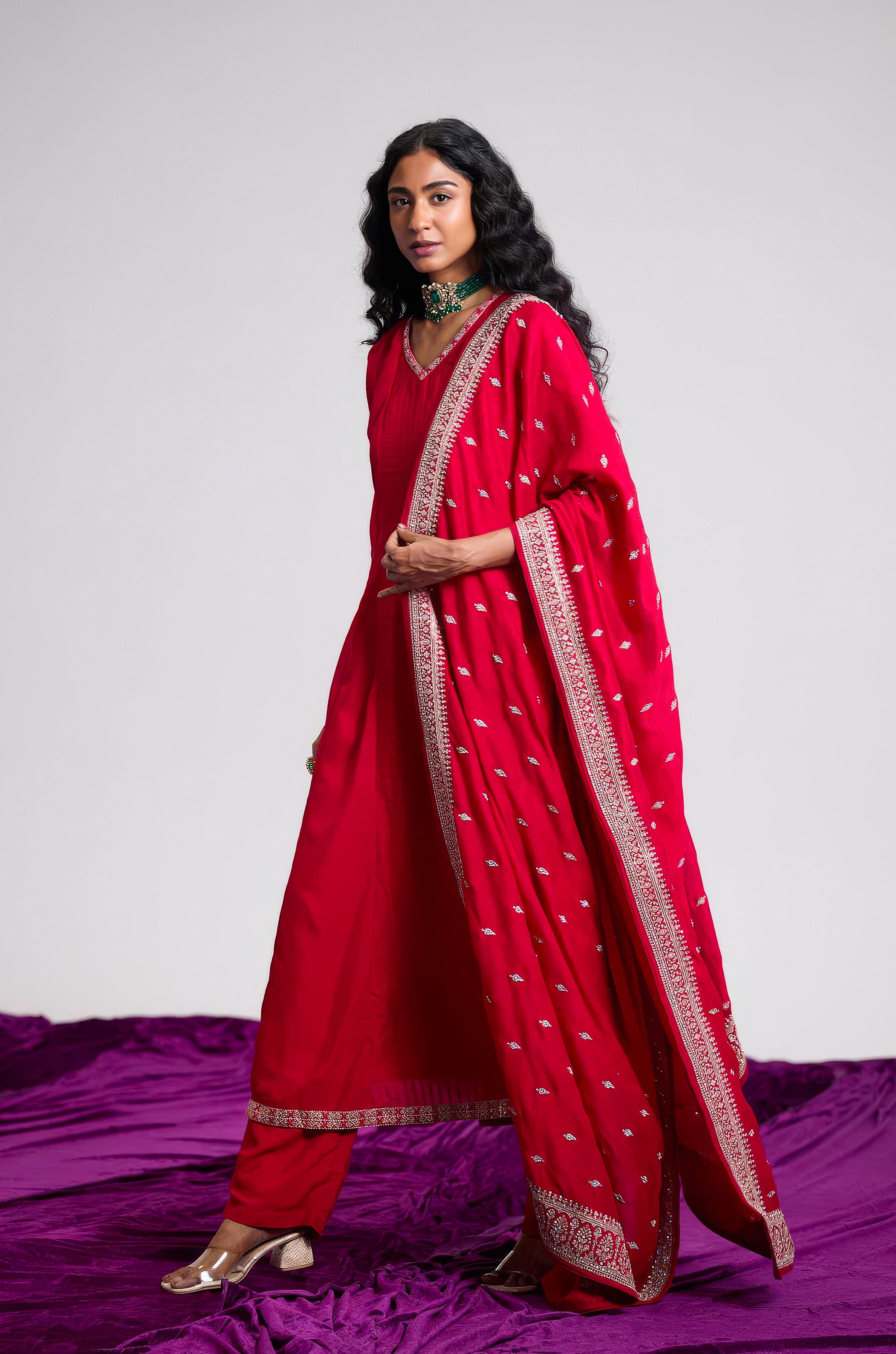 Magenta Rose Embellished Chinon Silk Pant Set