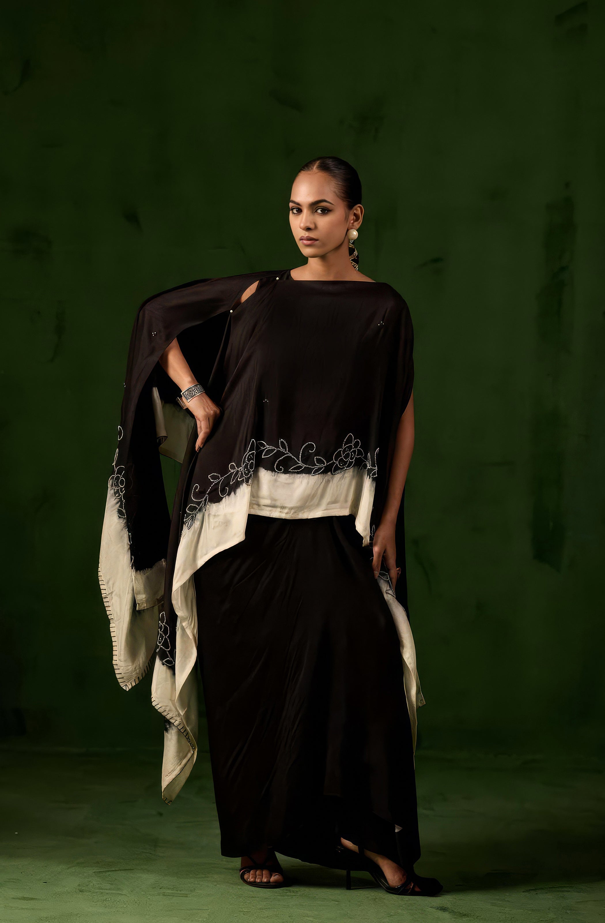 Classic Black Embellished Raw Silk Gown