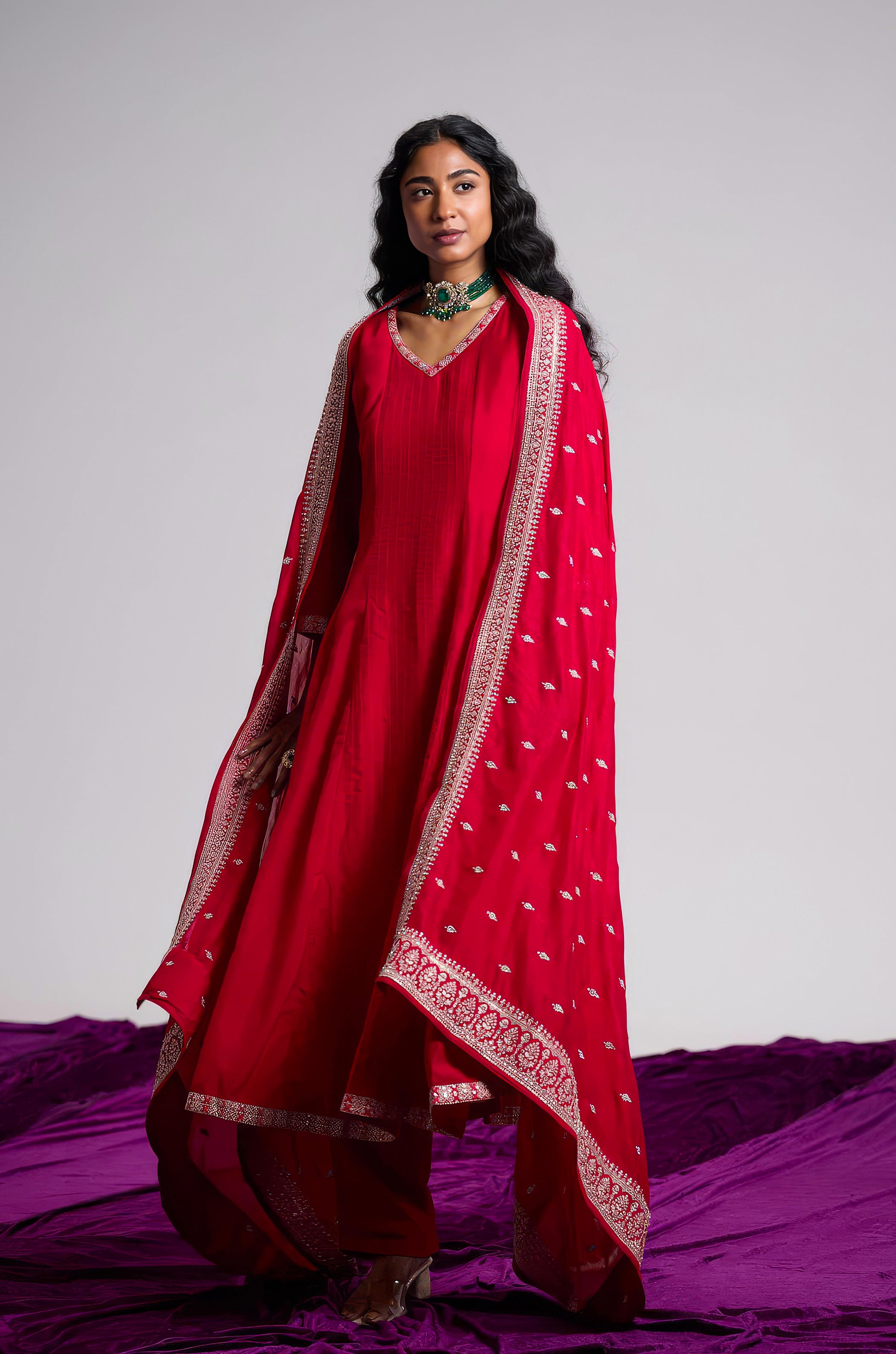 Magenta Rose Embellished Chinon Silk Pant Set