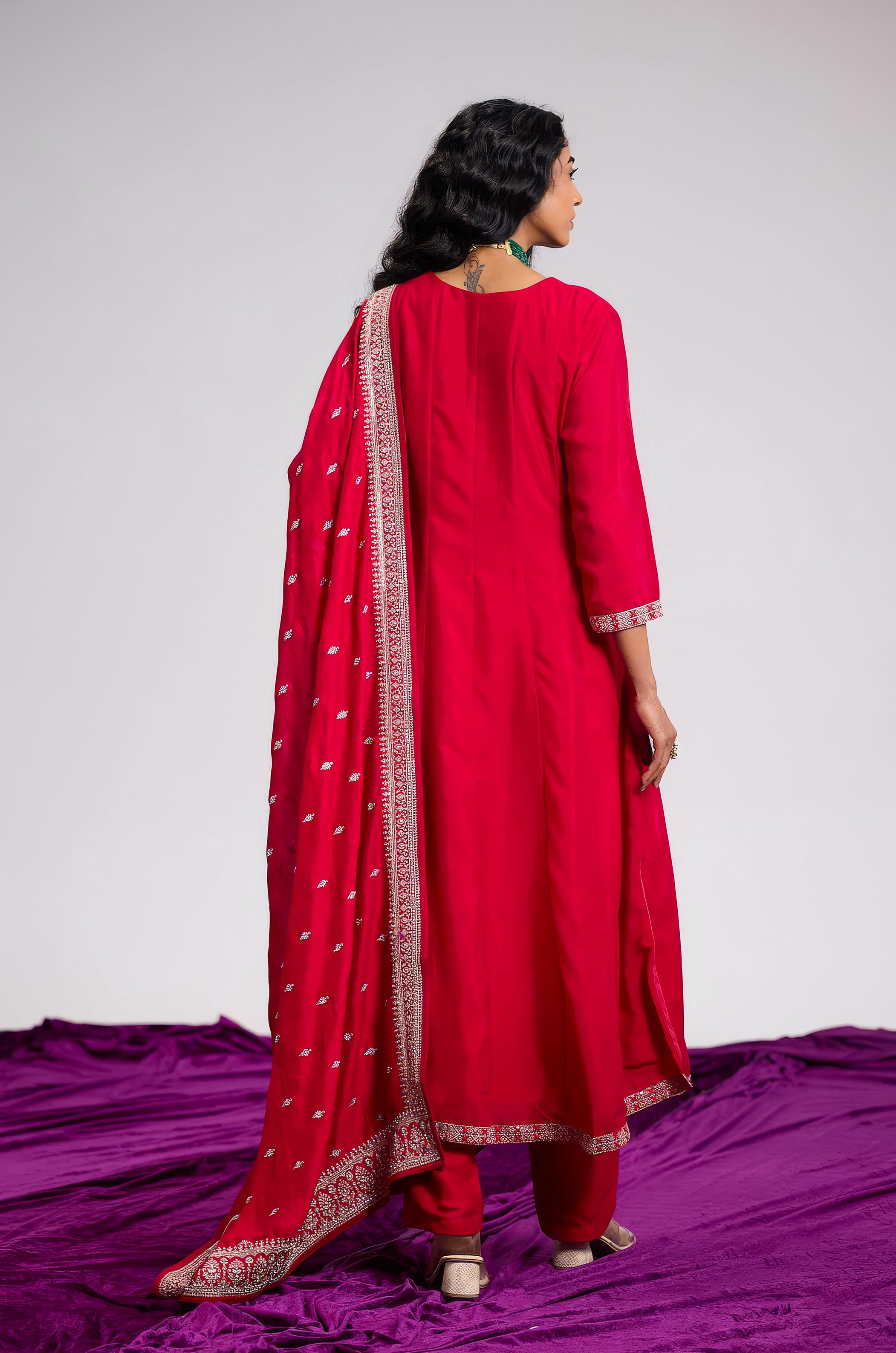 Magenta Rose Embellished Chinon Silk Pant Set